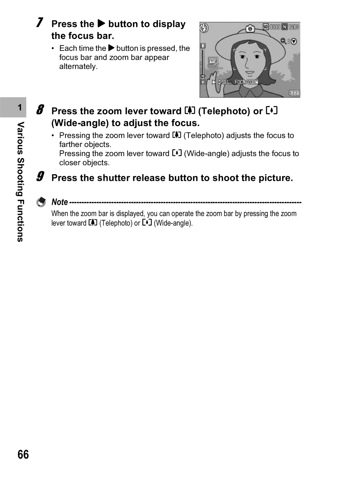 Ricoh R5 manual Press the $ button to display the focus bar, Press the shutter release button to shoot the picture 