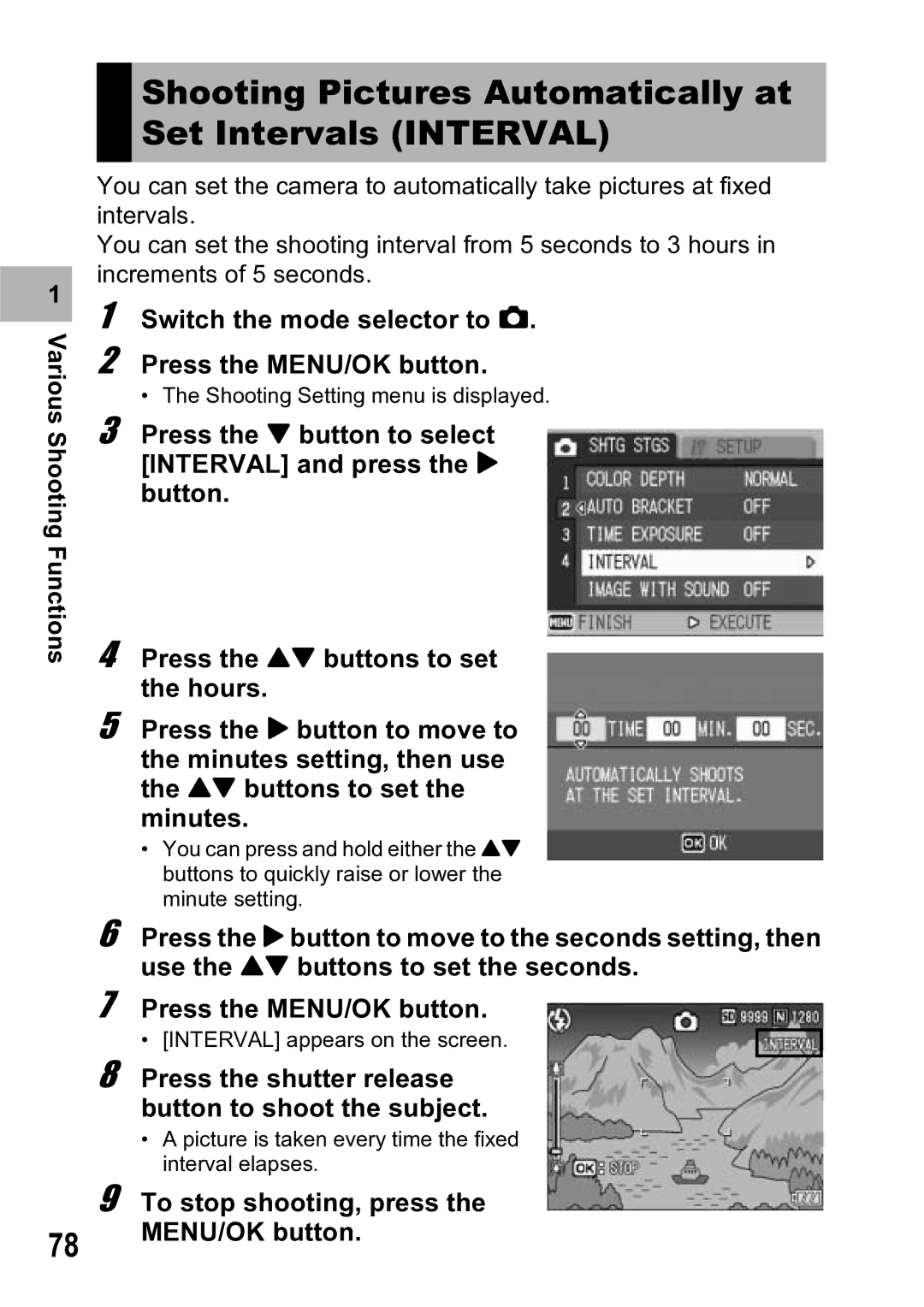 Ricoh R5 manual Shooting Pictures Automatically at Set Intervals Interval, To stop shooting, press, MENU/OK button 