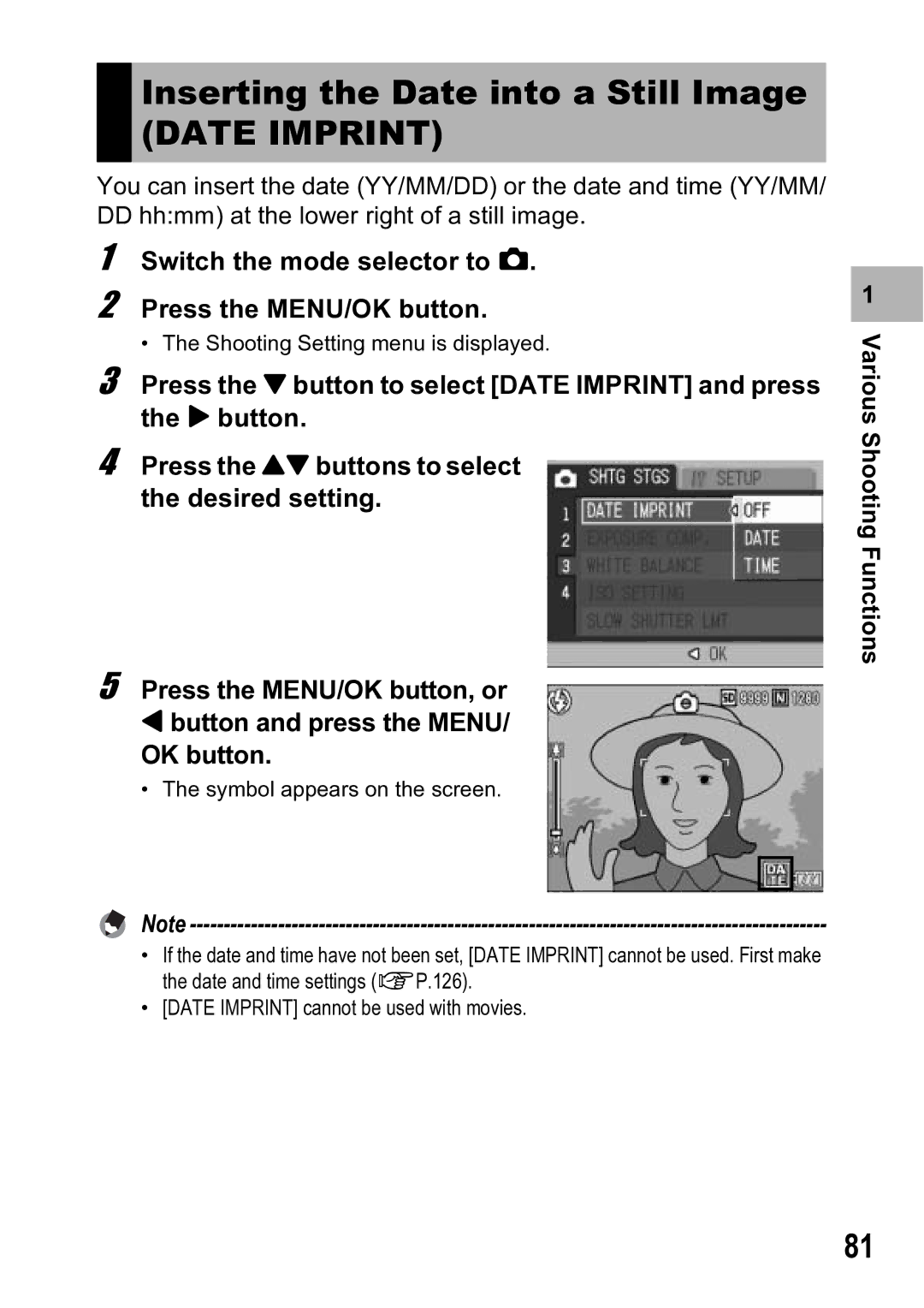 Ricoh R5 manual Inserting the Date into a Still Image, Date Imprint 