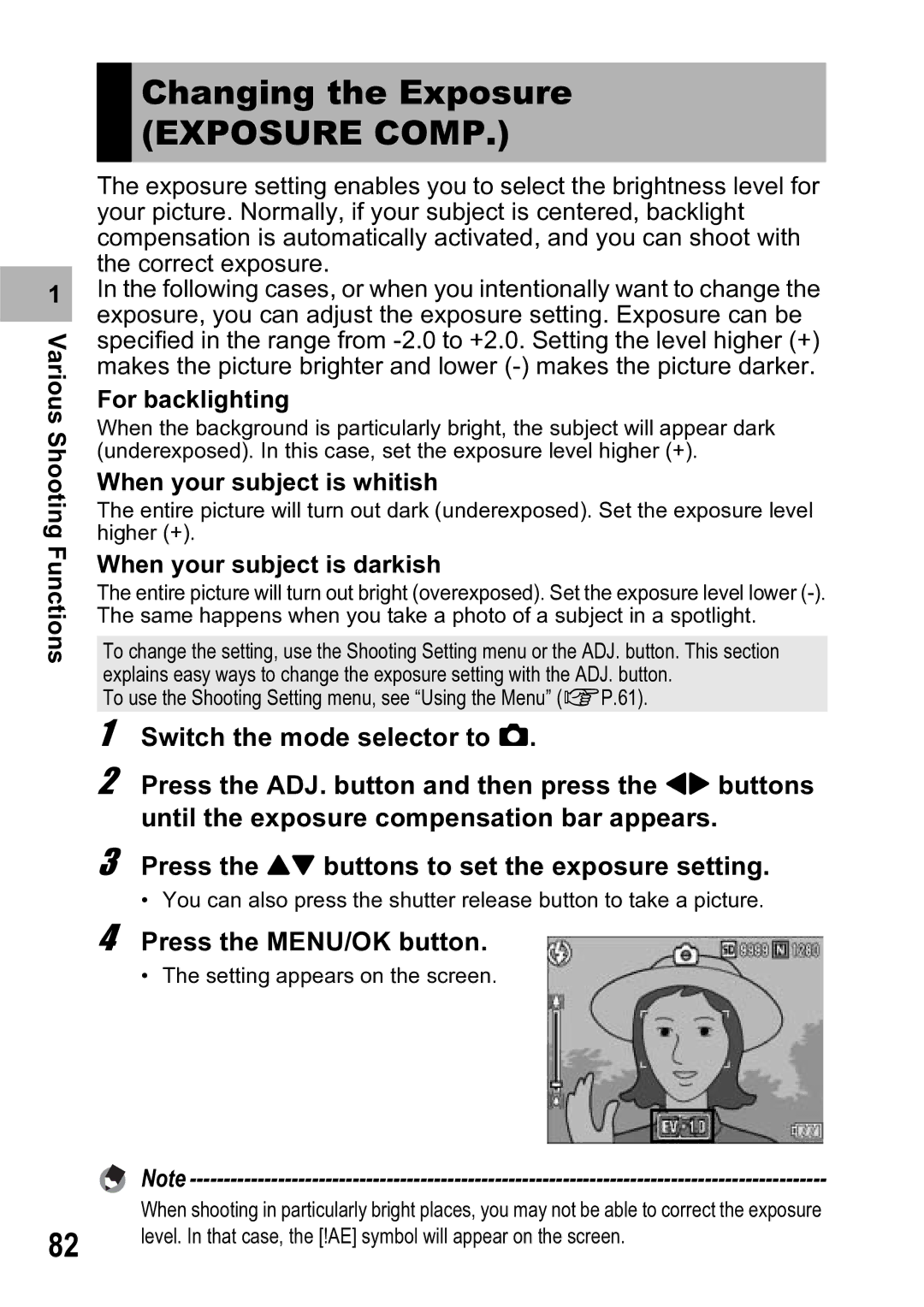 Ricoh R5 Changing the Exposure Exposure Comp, For backlighting, When your subject is whitish, When your subject is darkish 