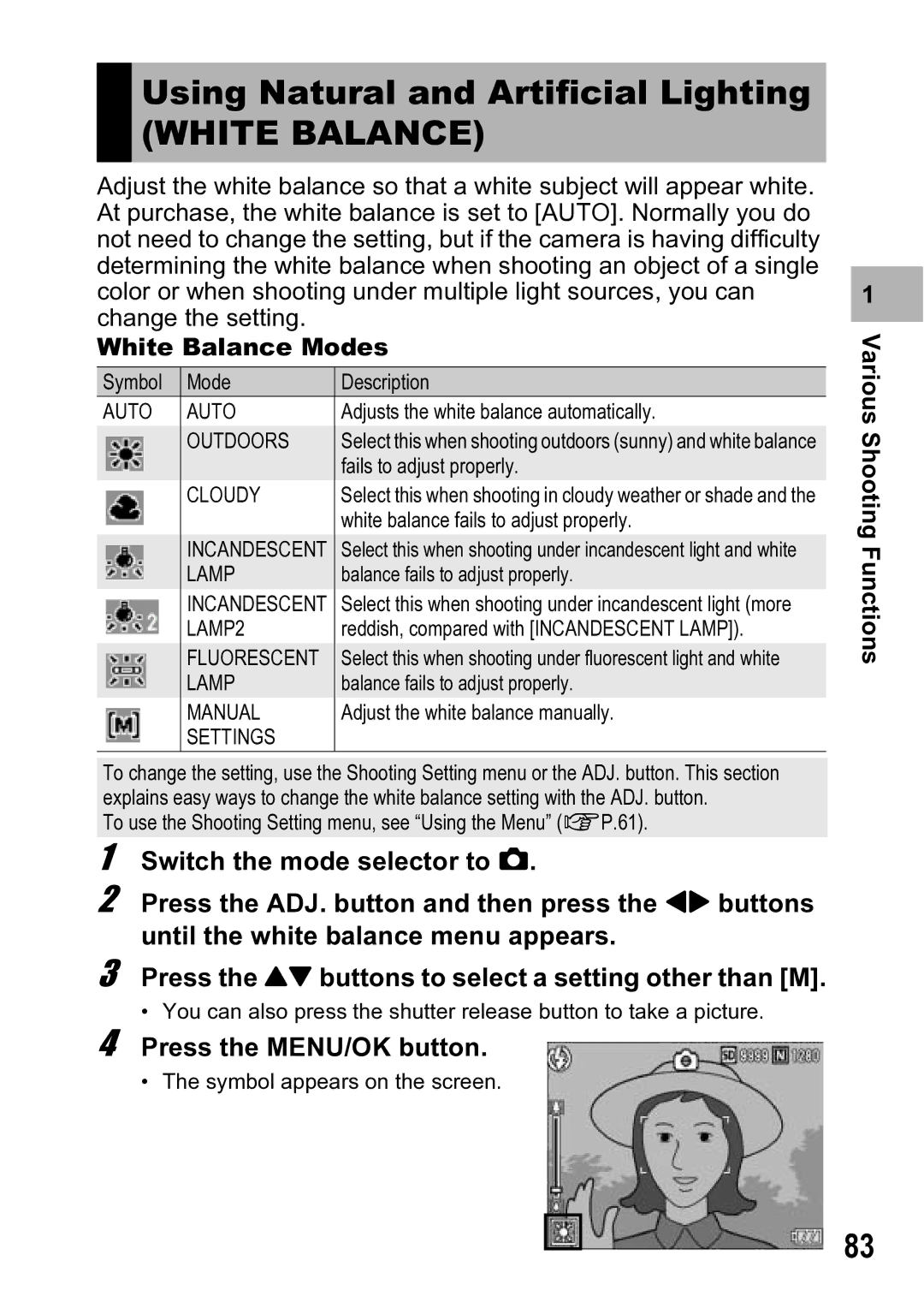 Ricoh R5 manual Using Natural and Artificial Lighting, White Balance Modes 