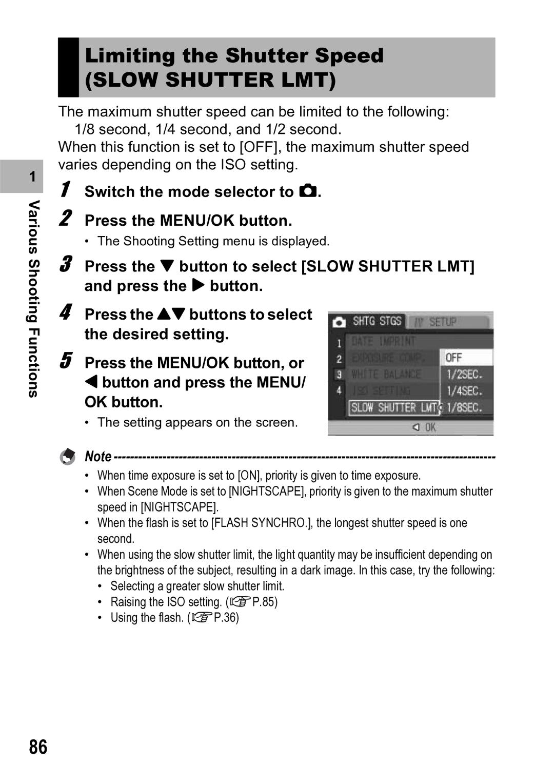 Ricoh R5 manual Limiting the Shutter Speed, Slow Shutter LMT 