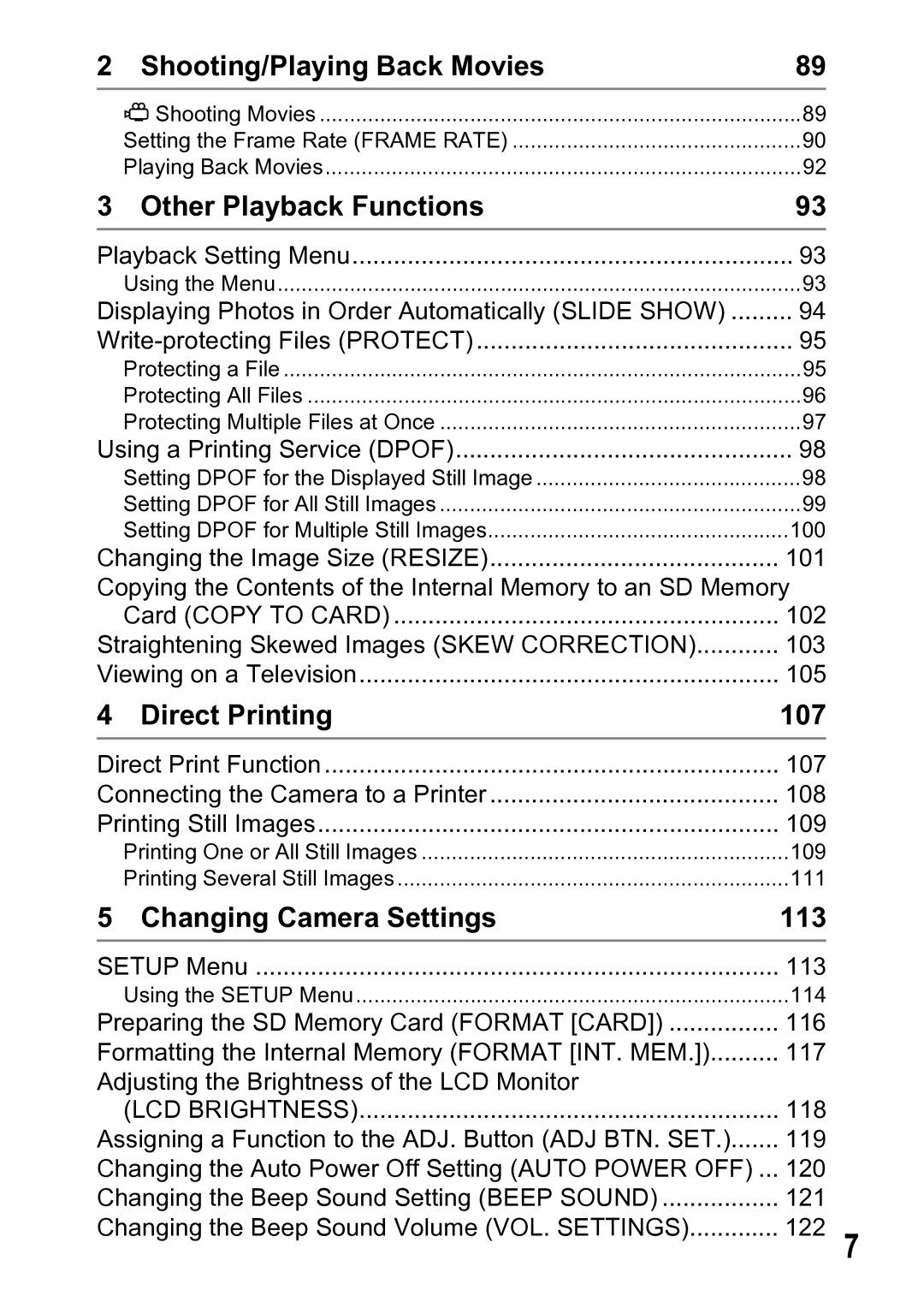 Ricoh R5 manual Shooting/Playing Back Movies, Other Playback Functions, Direct Printing 107, Changing Camera Settings 113 