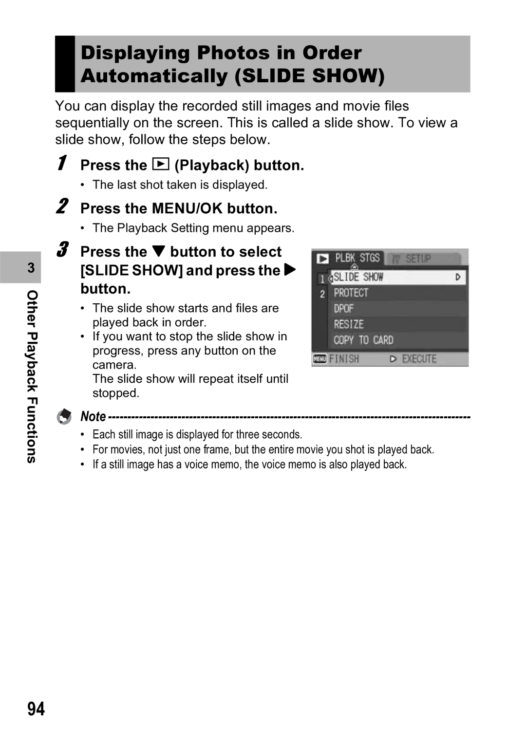 Ricoh R5 Displaying Photos in Order Automatically Slide Show, Press the button to select Slide Show and press the $ button 