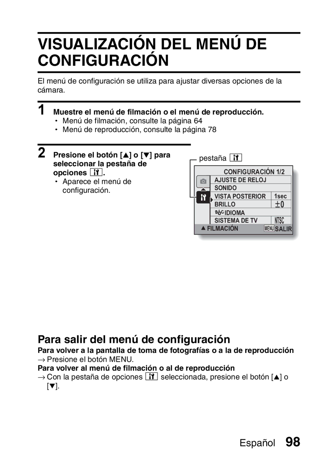 Ricoh R50 manual Visualización DEL Menú DE Configuración, Para salir del menú de configuración 