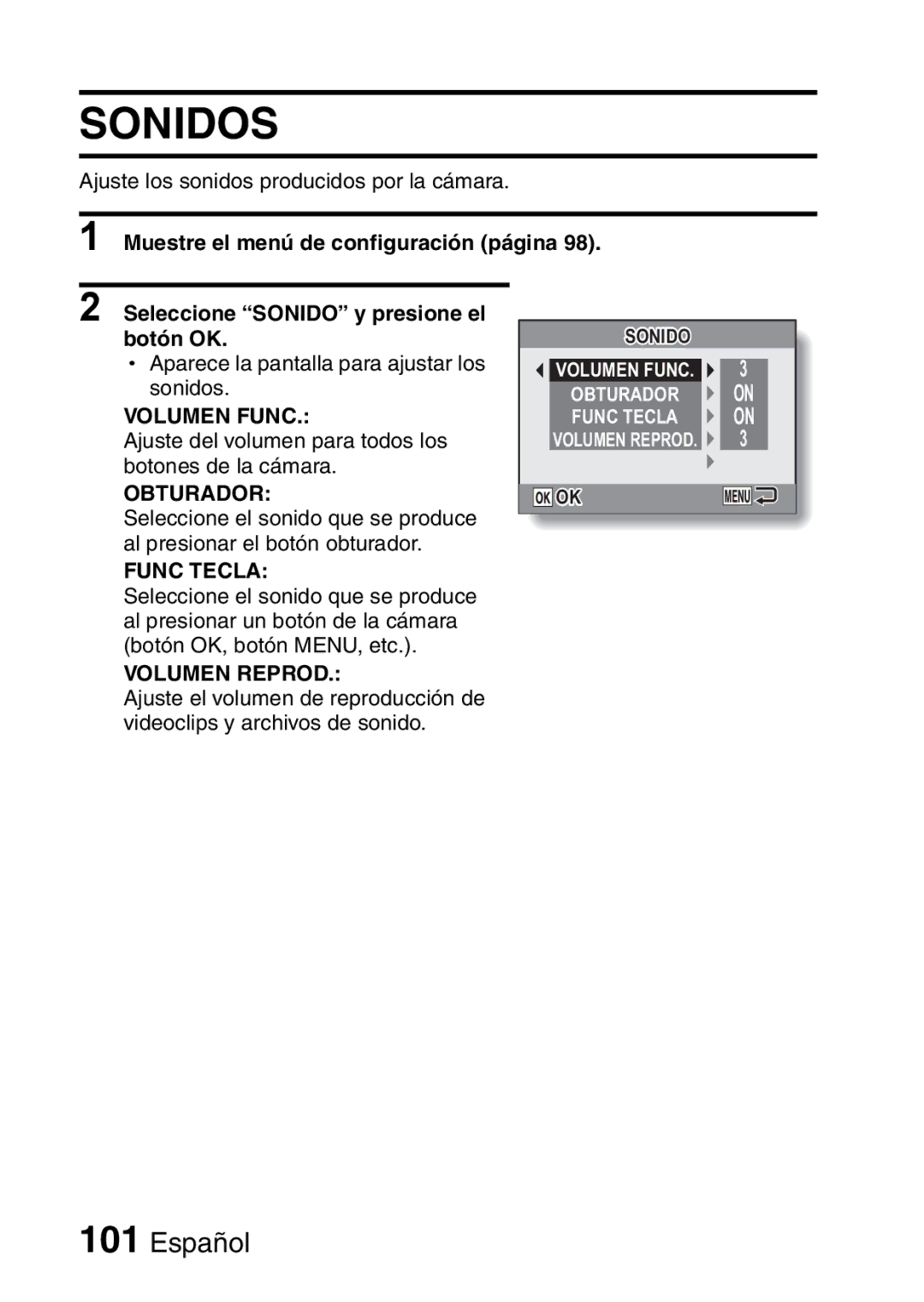 Ricoh R50 manual Sonidos, Volumen Func, Obturador, Func Tecla, Volumen Reprod 