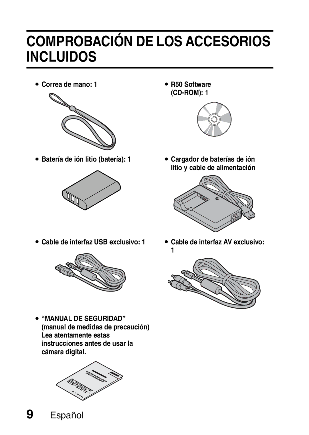 Ricoh R50 manual Comprobación DE LOS Accesorios Incluidos, Correa de mano, Batería de ión litio batería 