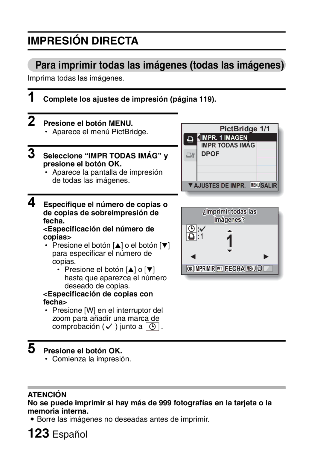 Ricoh R50 manual Para imprimir todas las imágenes todas las imágenes, Seleccione Impr Todas Imág y 