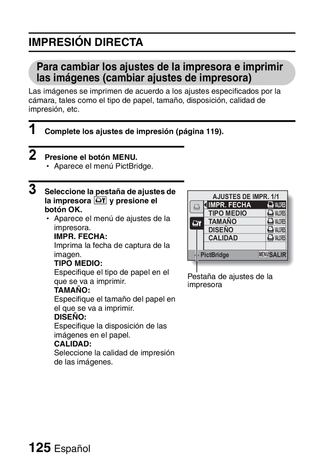 Ricoh R50 manual IMPR. Fecha, Tipo Medio, Tamaño, Diseño, Calidad 