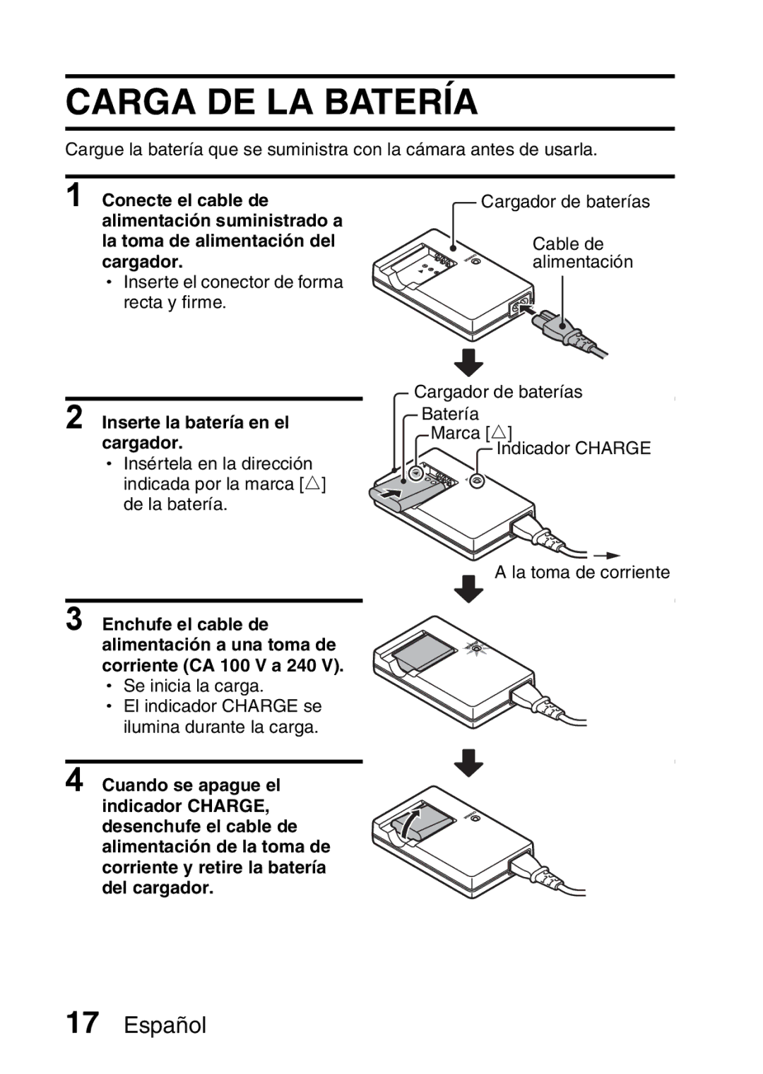 Ricoh R50 manual Carga DE LA Batería, Inserte la batería en el cargador 