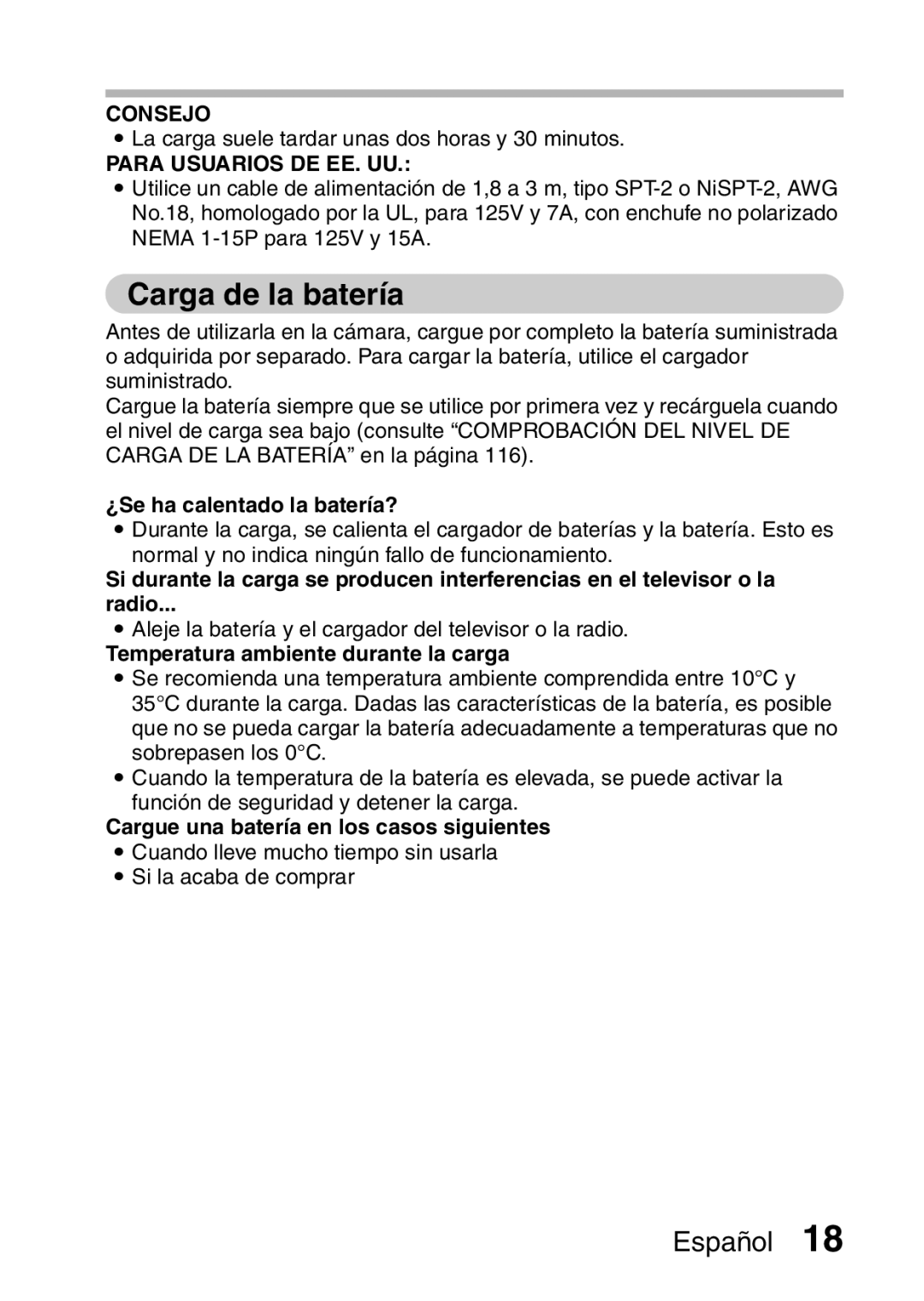 Ricoh R50 manual Carga de la batería, Consejo, Para Usuarios DE EE. UU, ¿Se ha calentado la batería? 