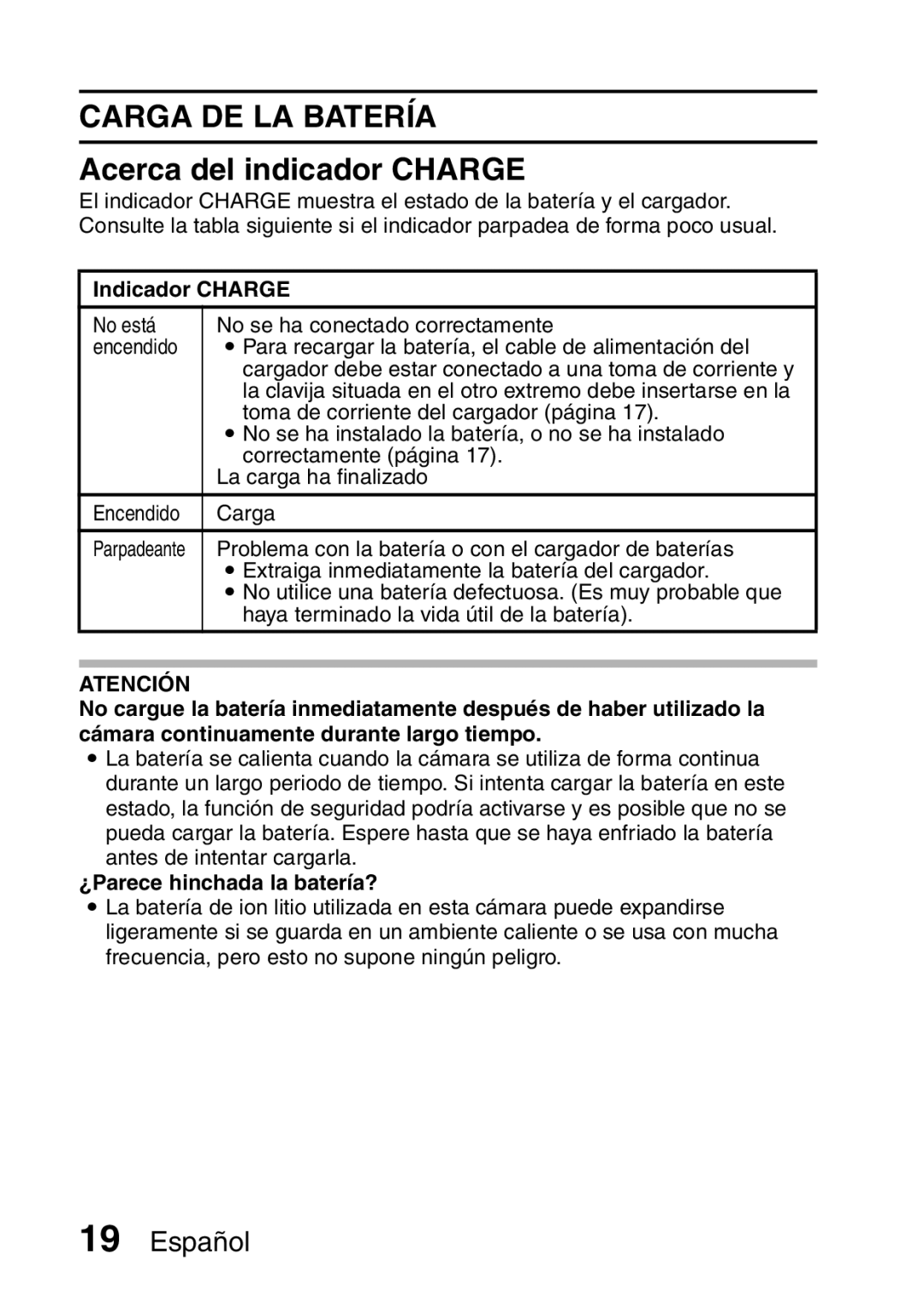 Ricoh R50 manual Carga DE LA Batería, Acerca del indicador Charge, Indicador Charge, Atención, ¿Parece hinchada la batería? 