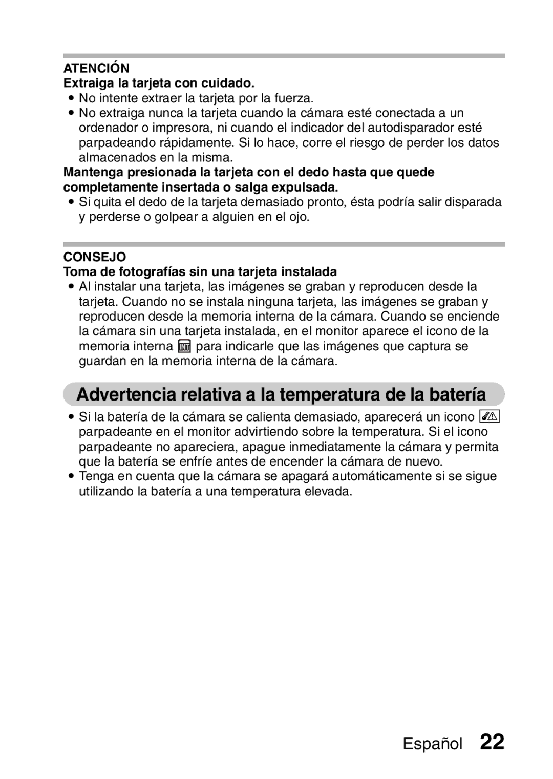 Ricoh R50 manual Advertencia relativa a la temperatura de la batería, Extraiga la tarjeta con cuidado 