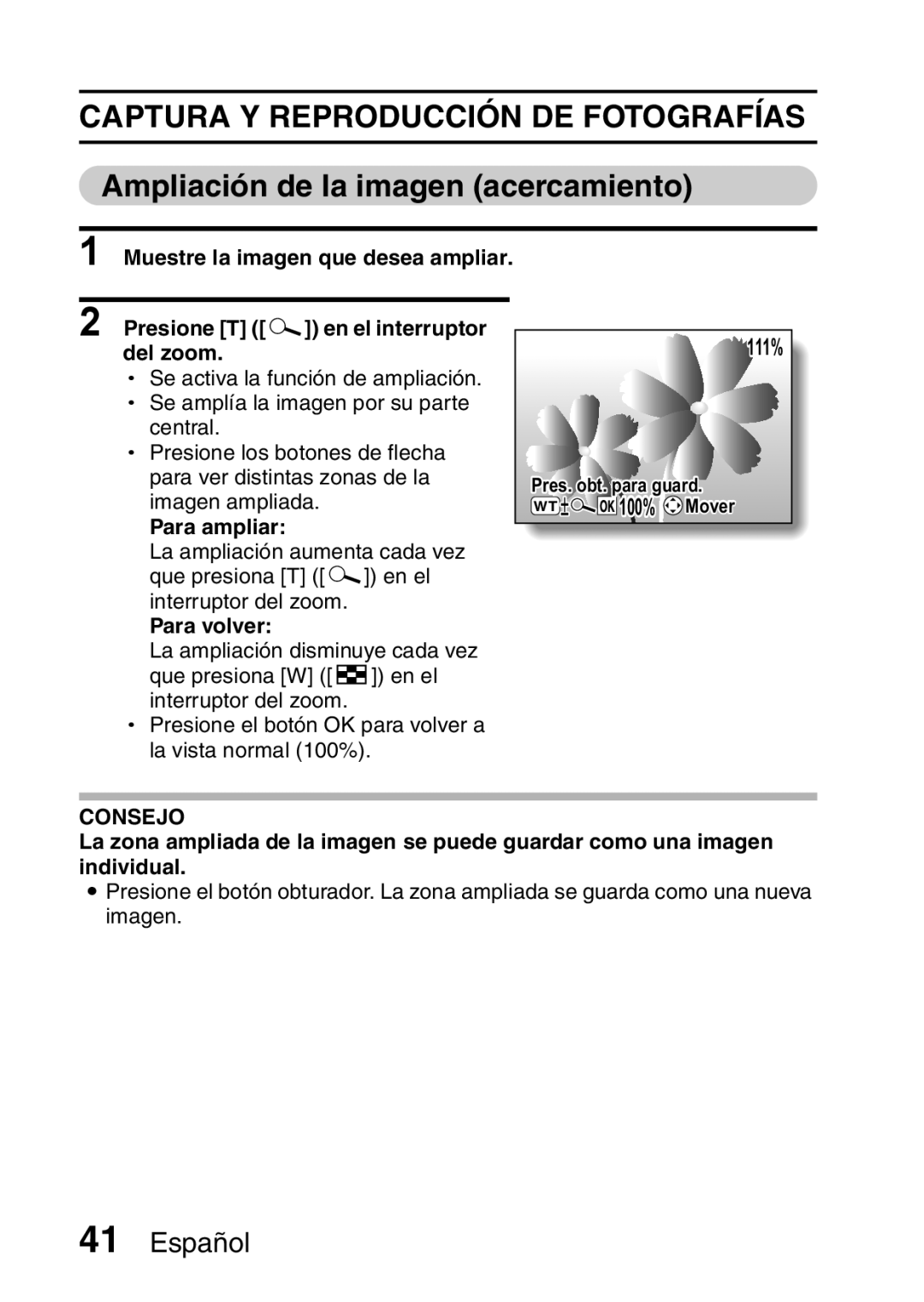 Ricoh R50 manual Ampliación de la imagen acercamiento, Del zoom, Para ampliar, Para volver 