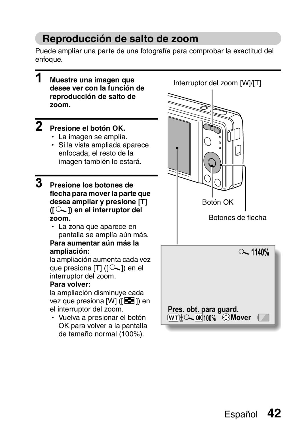 Ricoh R50 manual Reproducción de salto de zoom, Para aumentar aún más la ampliación 