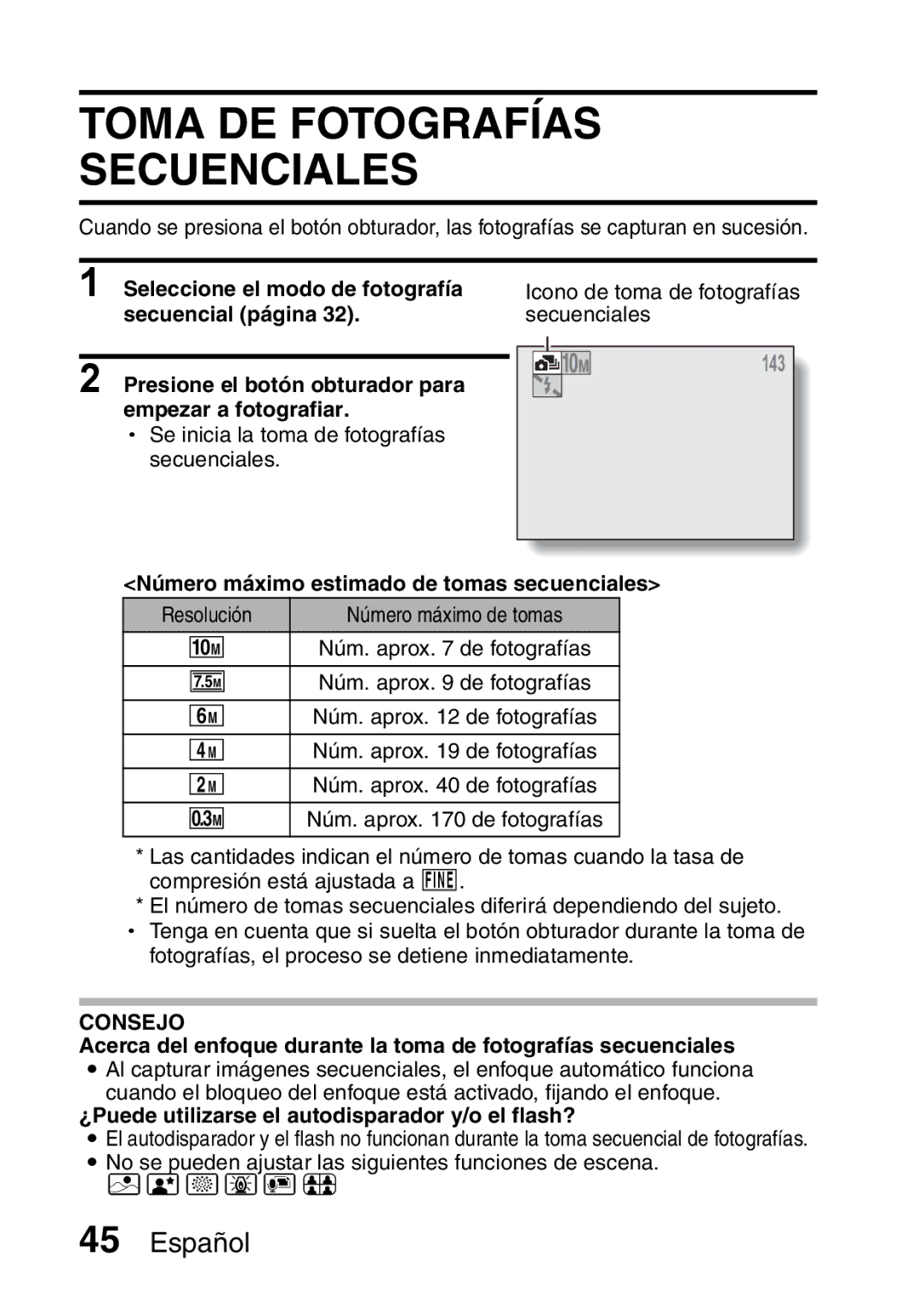 Ricoh R50 manual Toma DE Fotografías Secuenciales, Número máximo estimado de tomas secuenciales 