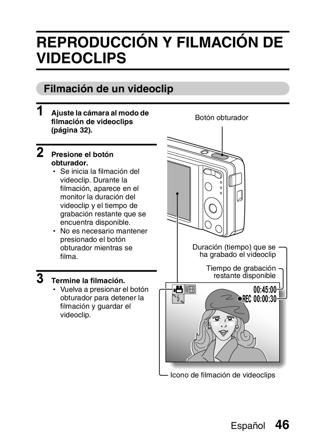 Ricoh R50 manual Reproducción Y Filmación DE Videoclips, Filmación de un videoclip, Termine la filmación 