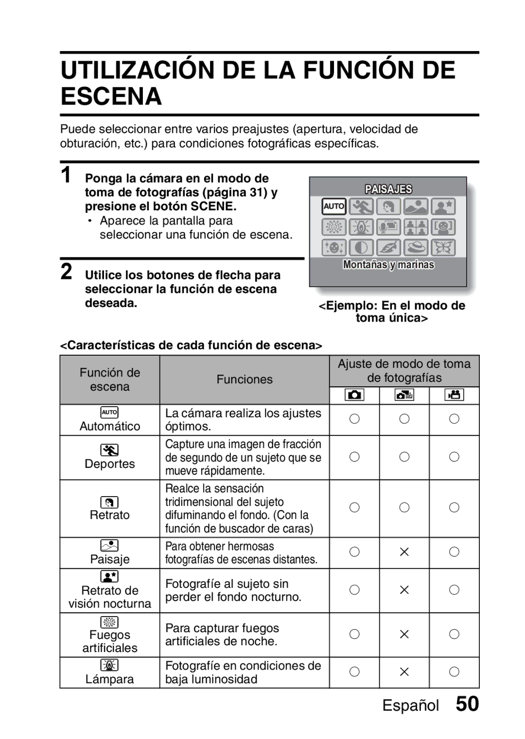 Ricoh R50 manual Utilización DE LA Función DE Escena 