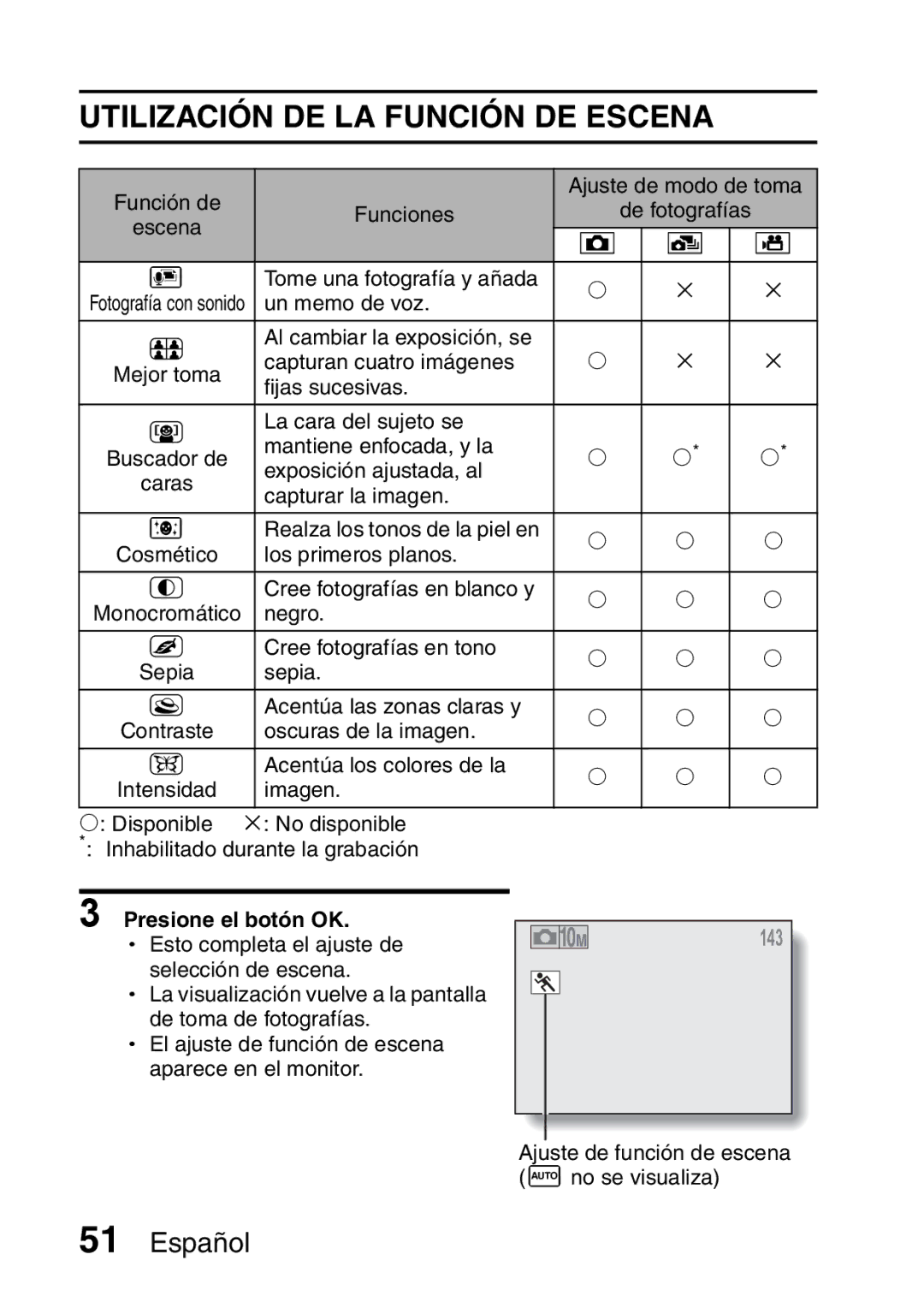 Ricoh R50 manual Utilización DE LA Función DE Escena, Presione el botón OK 