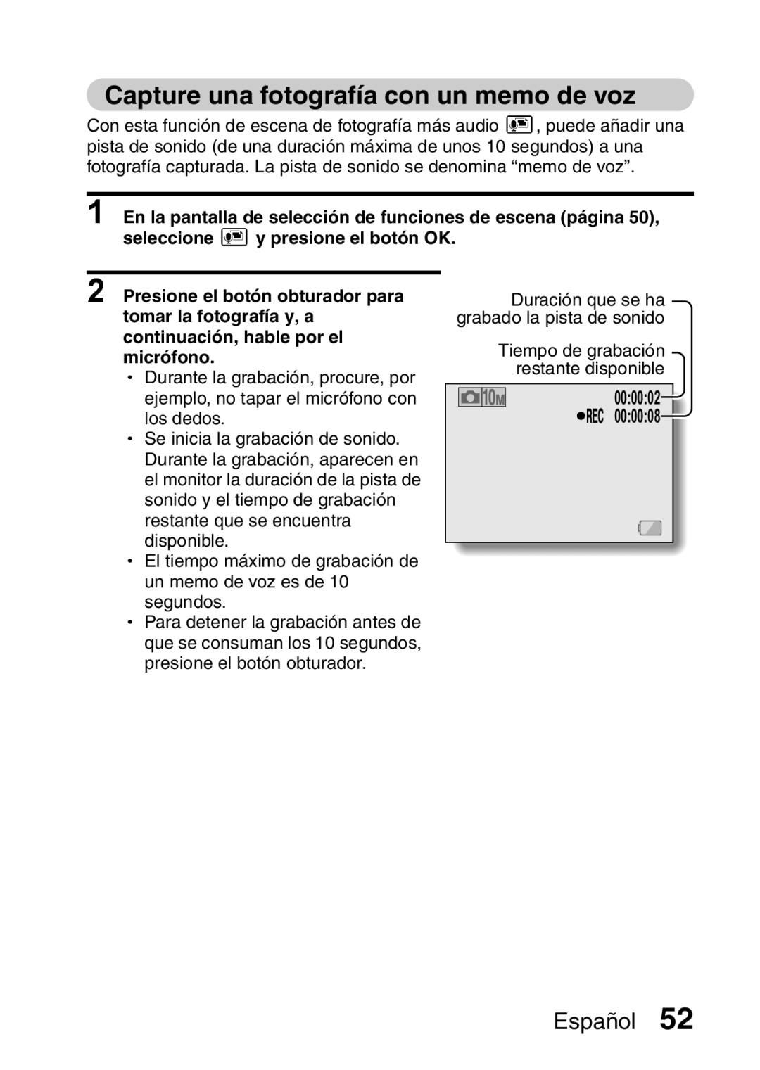 Ricoh R50 manual Capture una fotografía con un memo de voz, Los dedos 