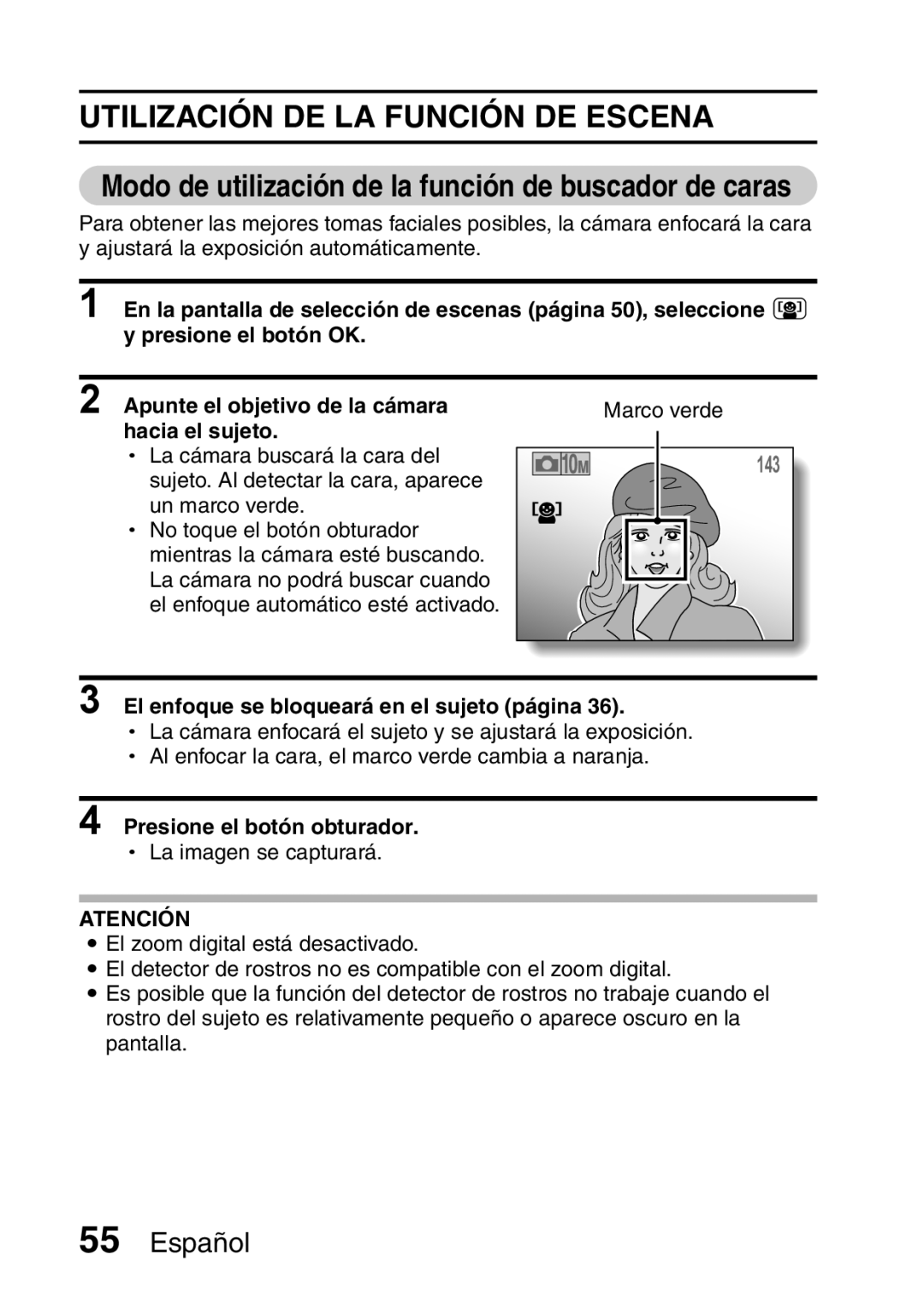 Ricoh R50 Modo de utilización de la función de buscador de caras, Presione el botón OK Apunte el objetivo de la cámara 