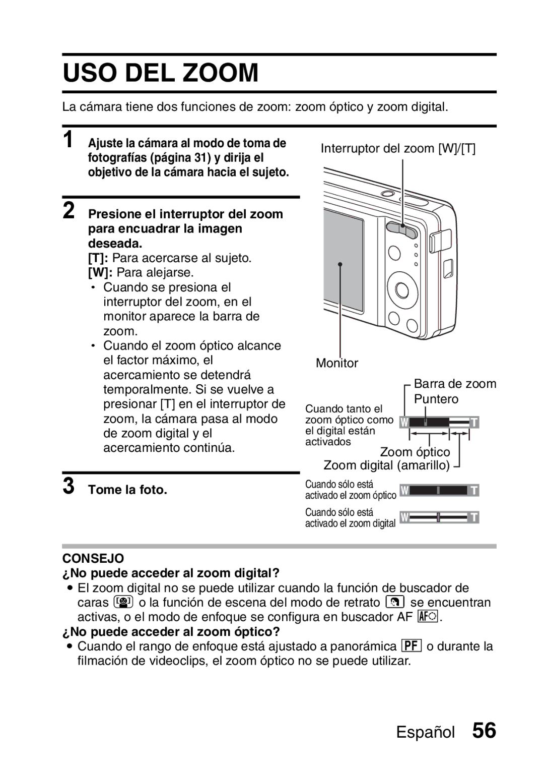 Ricoh R50 manual USO DEL Zoom, Tome la foto, ¿No puede acceder al zoom digital?, ¿No puede acceder al zoom óptico? 