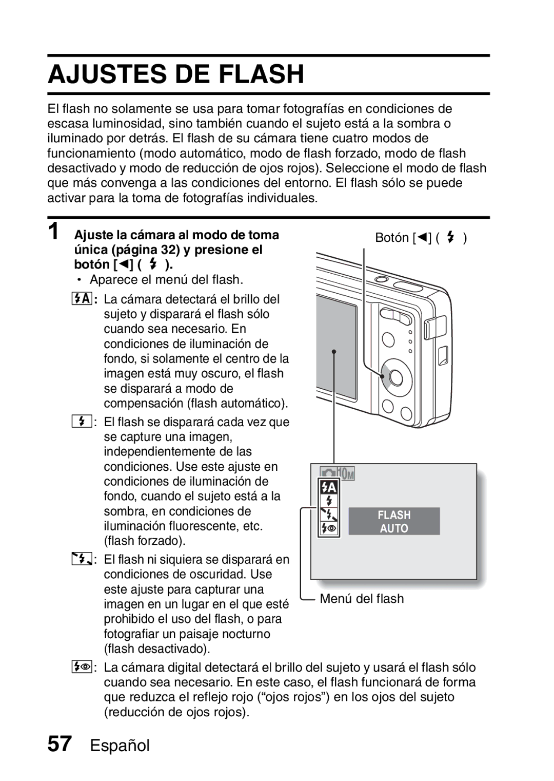 Ricoh R50 manual Ajustes DE Flash, Aparece el menú del flash 