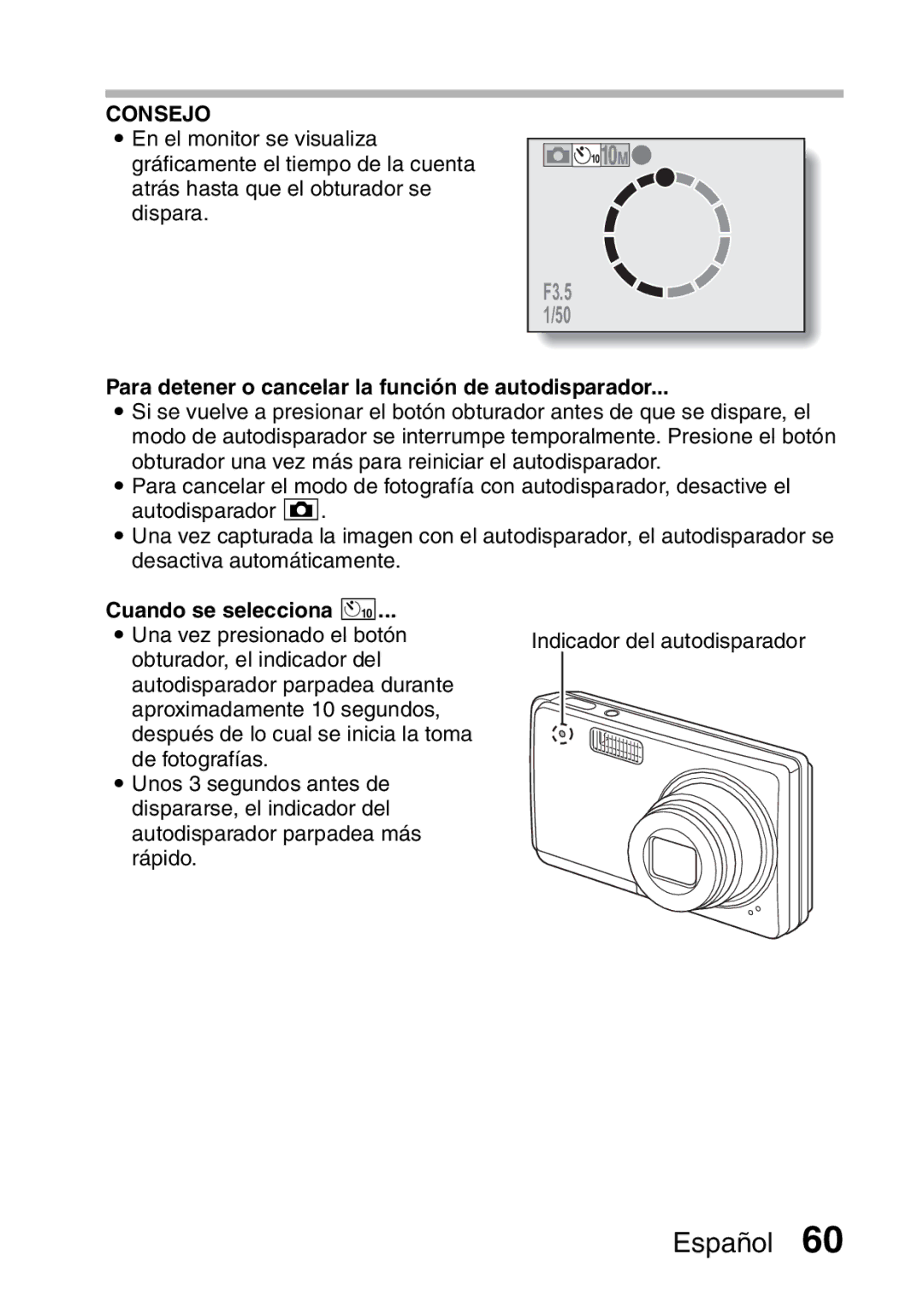 Ricoh R50 manual Para detener o cancelar la función de autodisparador, Cuando se selecciona 