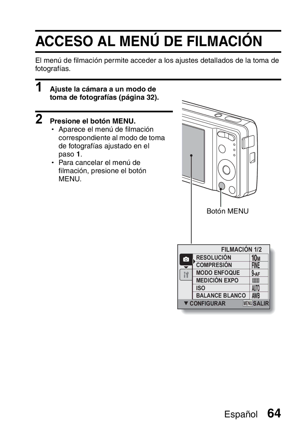 Ricoh R50 manual Acceso AL Menú DE Filmación 