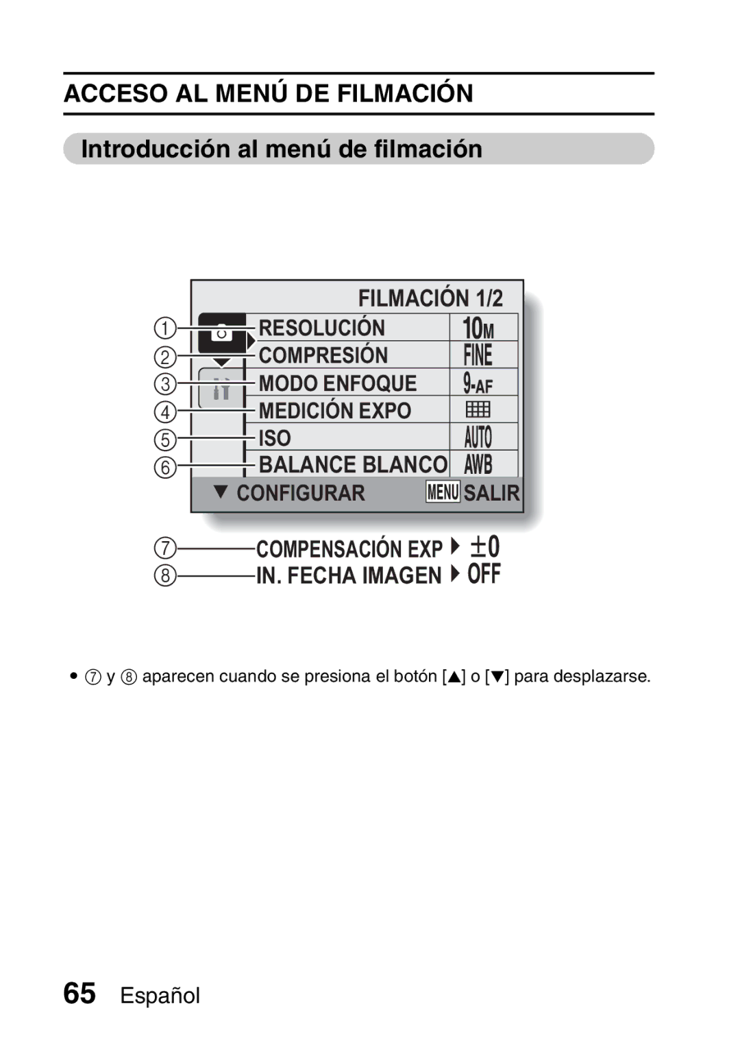 Ricoh R50 manual Acceso AL Menú DE Filmación, Introducción al menú de filmación 