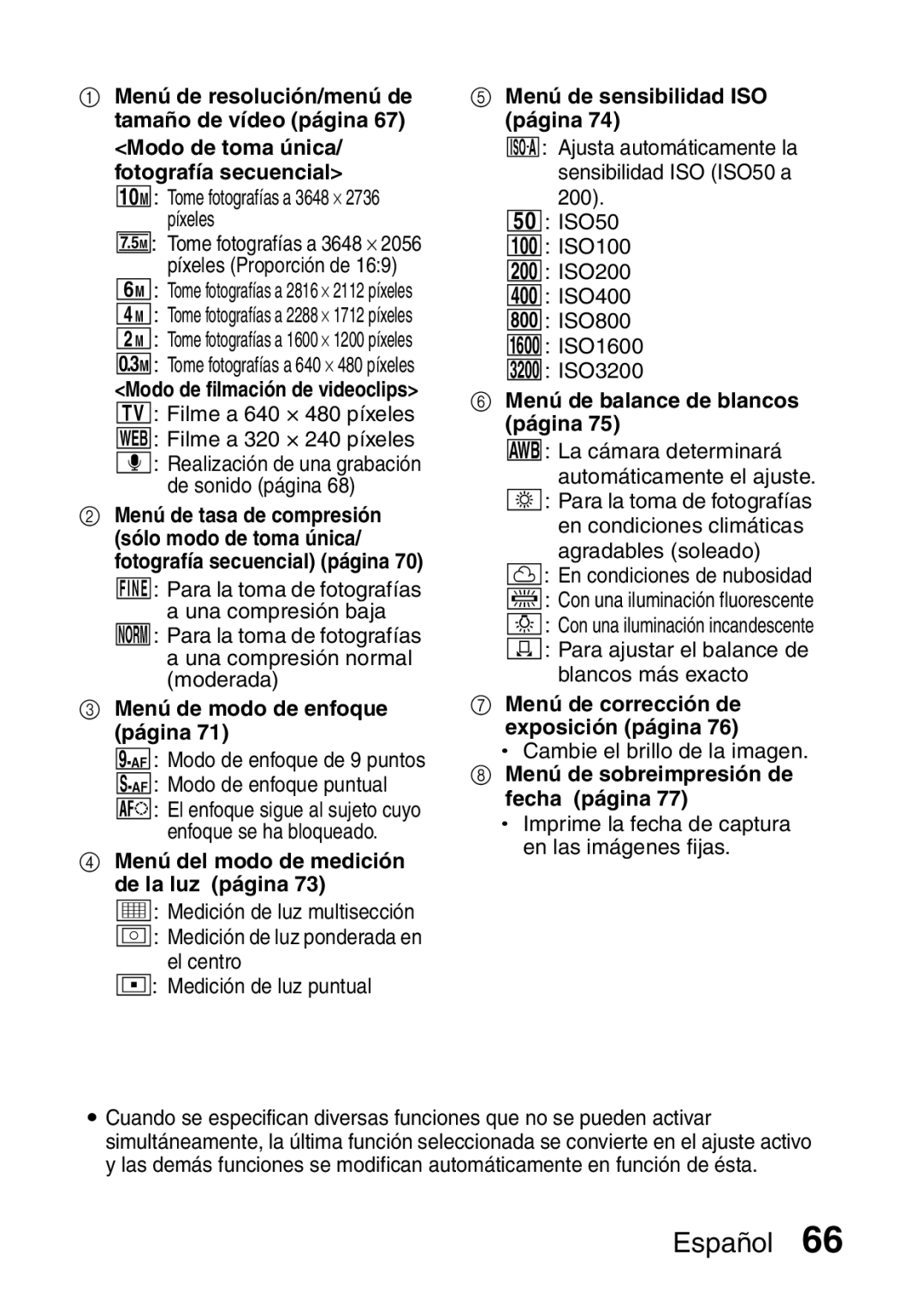 Ricoh R50 Menú de modo de enfoque página, Menú del modo de medición de la luz página, Menú de sensibilidad ISO página 