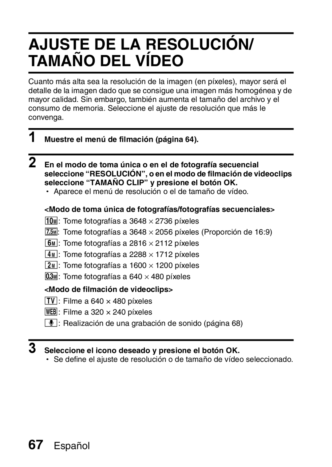 Ricoh R50 manual Ajuste DE LA RESOLUCIÓN/ Tamaño DEL Vídeo, Modo de filmación de videoclips 