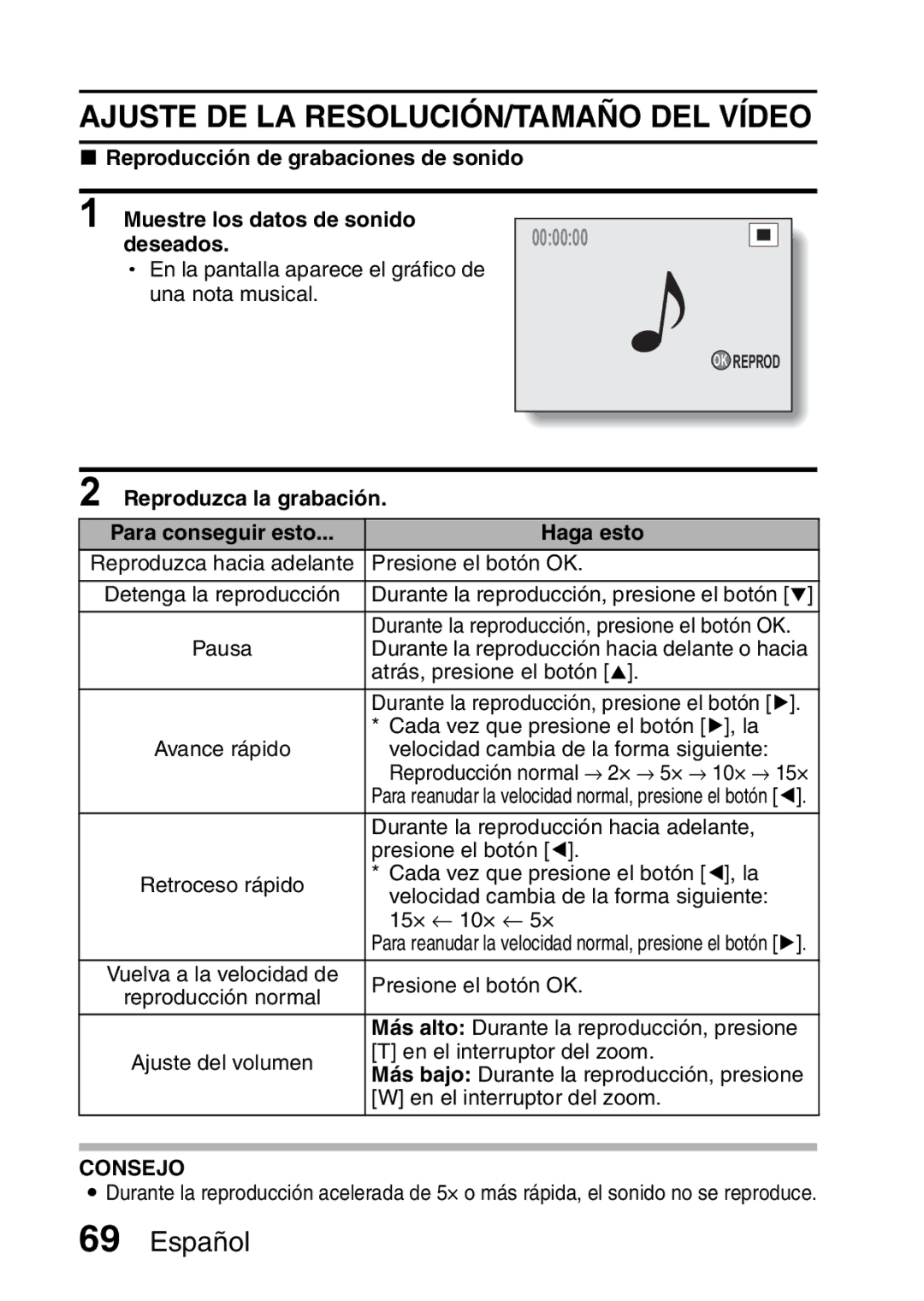 Ricoh R50 manual Ajuste DE LA RESOLUCIÓN/TAMAÑO DEL Vídeo, Reproduzca la grabación 