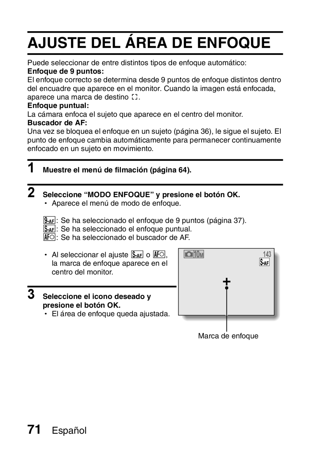 Ricoh R50 manual Ajuste DEL Área DE Enfoque, Enfoque de 9 puntos, Enfoque puntual, Buscador de AF 