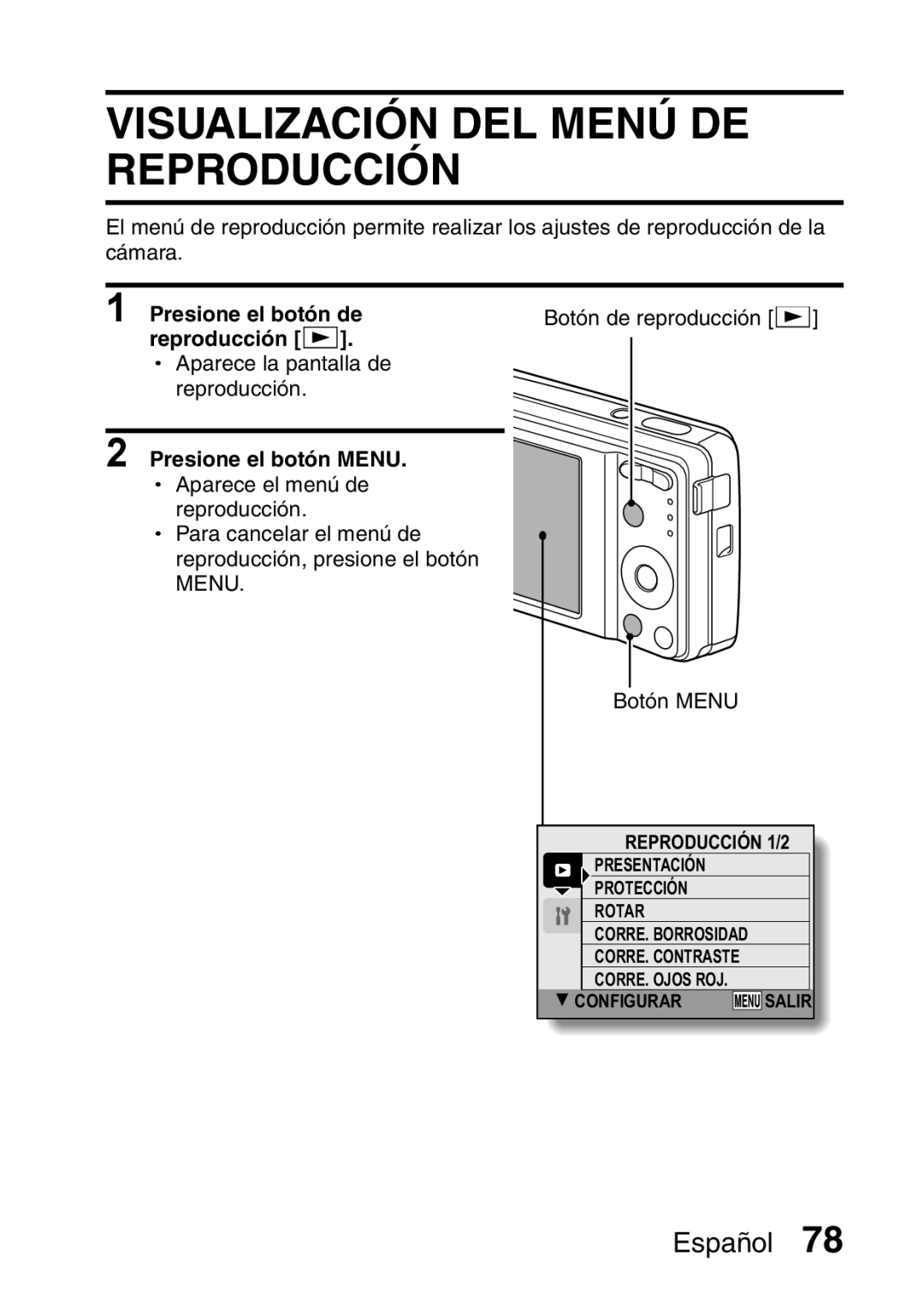 Ricoh R50 manual Visualización DEL Menú DE Reproducción, Presione el botón de Botón de reproducción = Reproducción = 