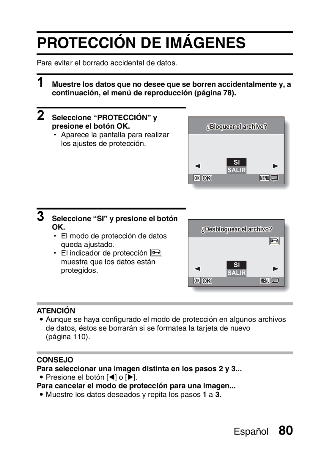 Ricoh R50 manual Protección DE Imágenes, Seleccione SI y presione el botón OK 