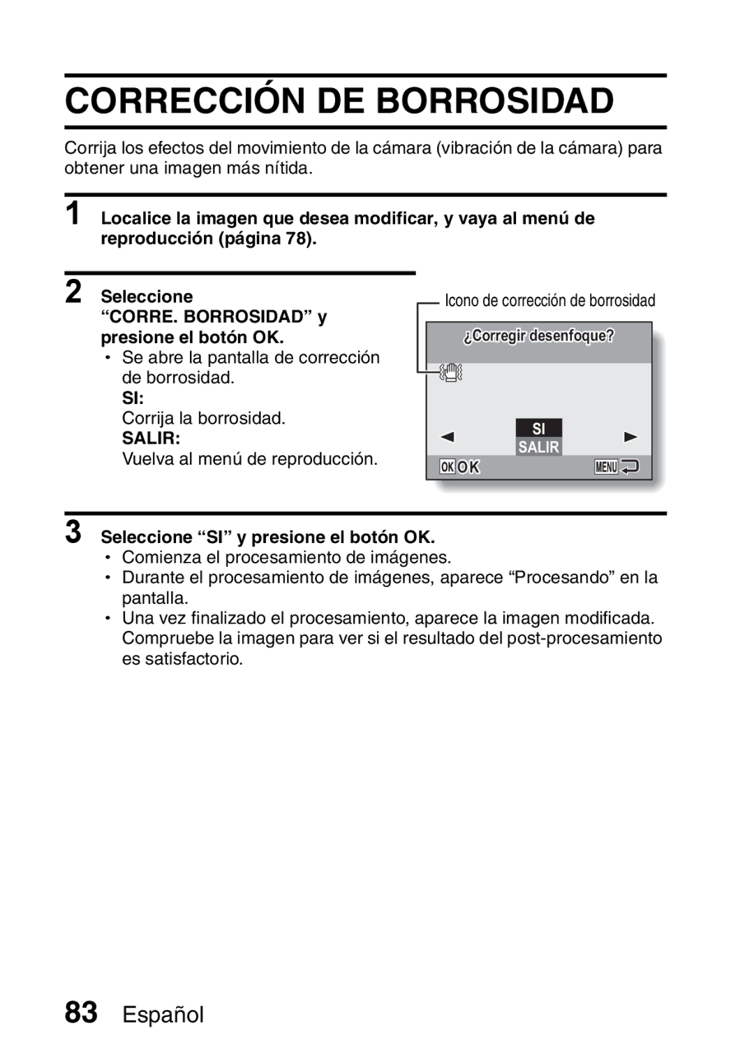 Ricoh R50 manual Corrección DE Borrosidad, Salir 