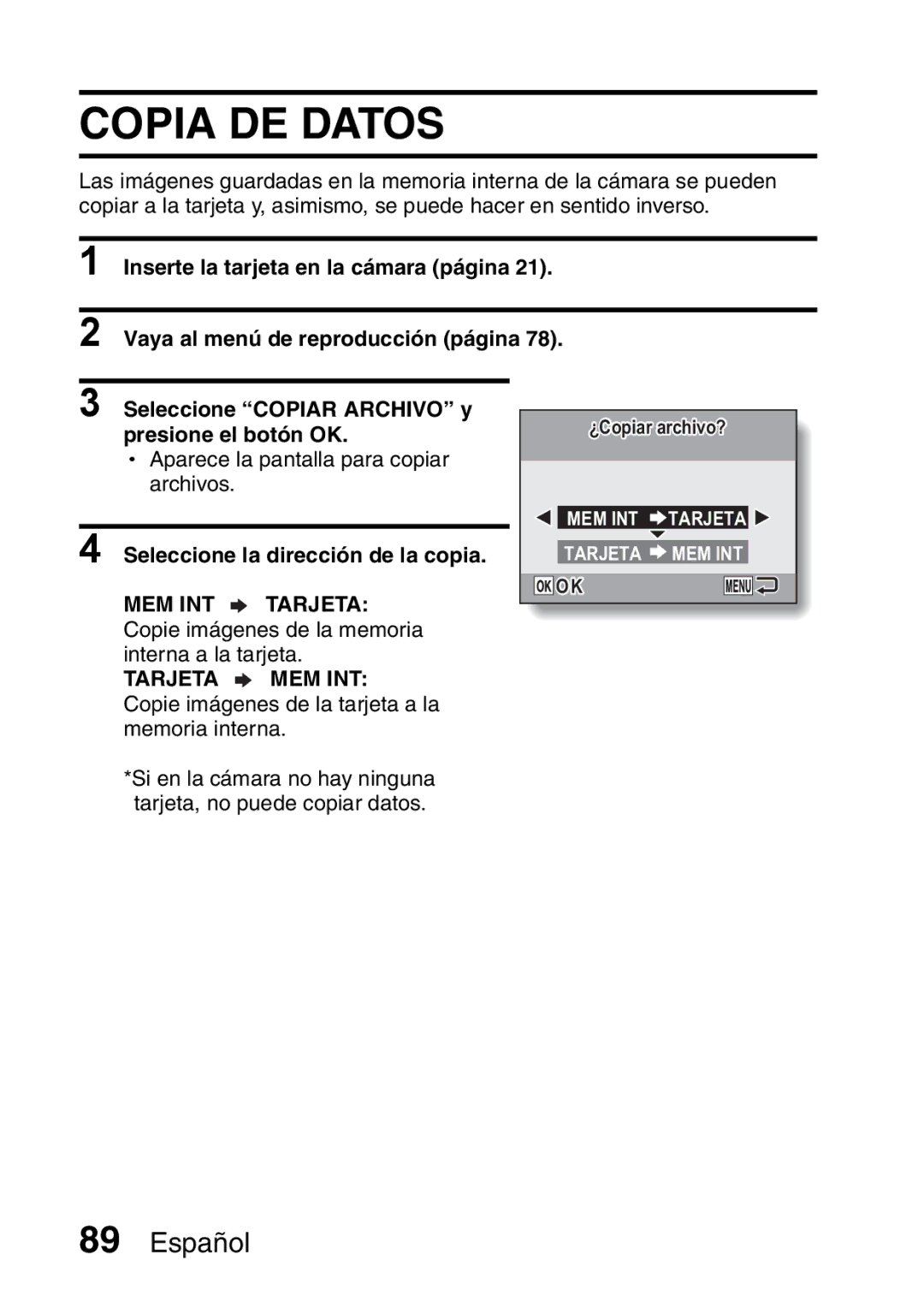 Ricoh R50 manual Copia DE Datos, Seleccione la dirección de la copia, MEM INT Tarjeta, Tarjeta MEM INT 