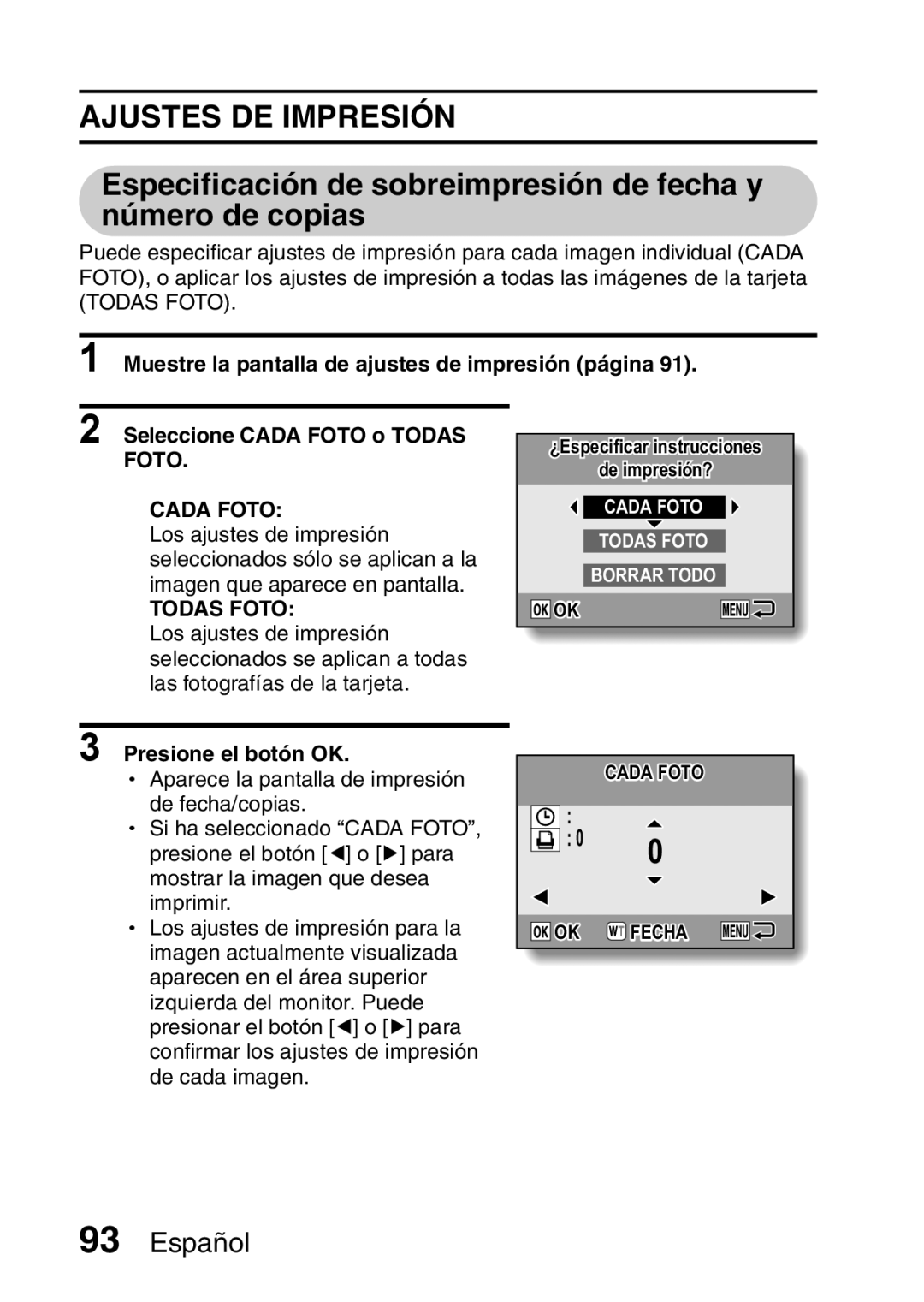 Ricoh R50 manual Ajustes DE Impresión, Especificación de sobreimpresión de fecha y número de copias 