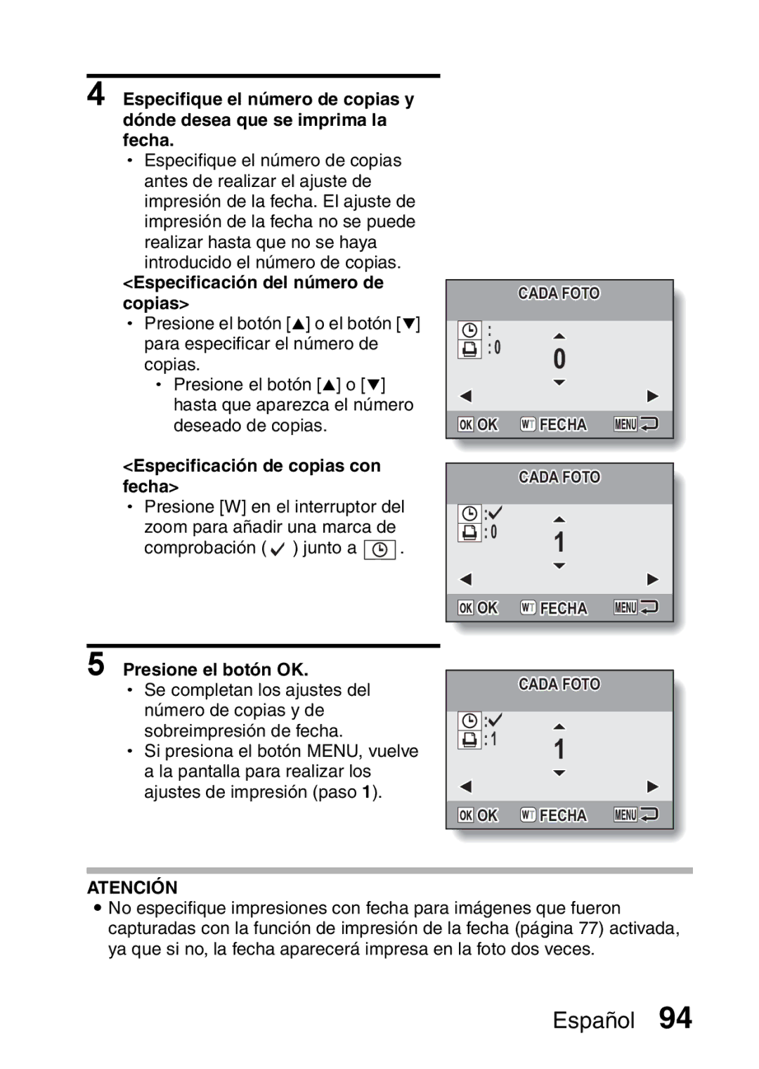 Ricoh R50 manual Especificación del número de copias, Especificación de copias con fecha 