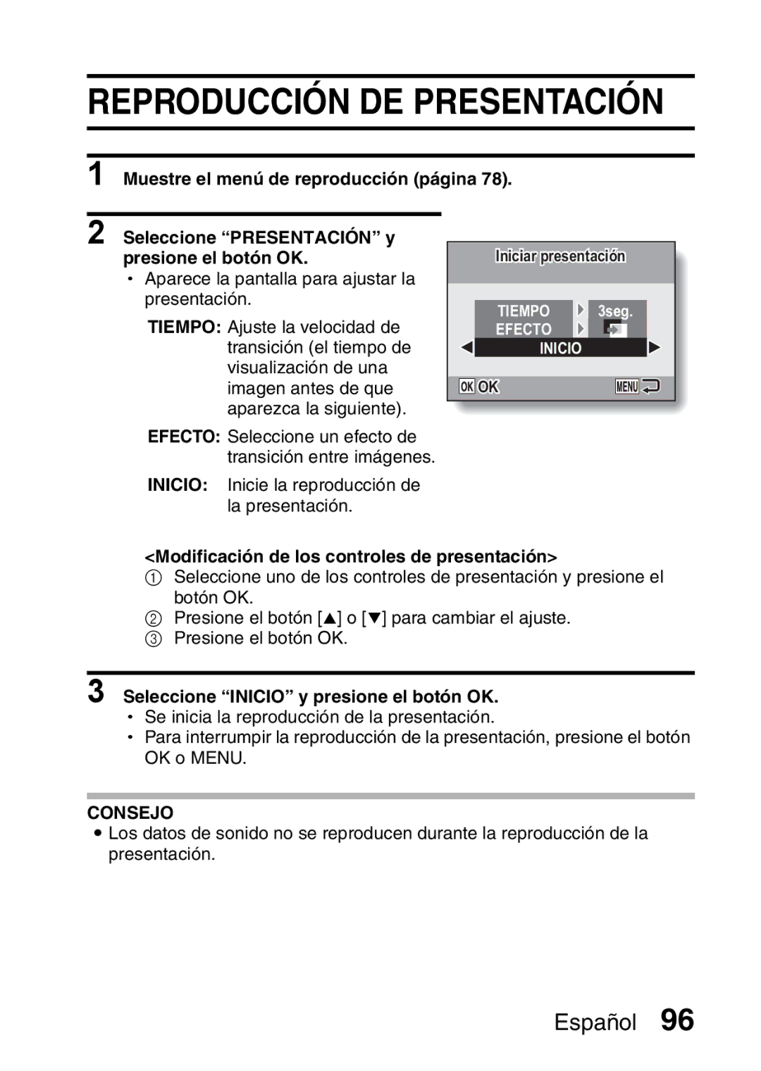 Ricoh R50 manual Reproducción DE Presentación, Modificación de los controles de presentación 