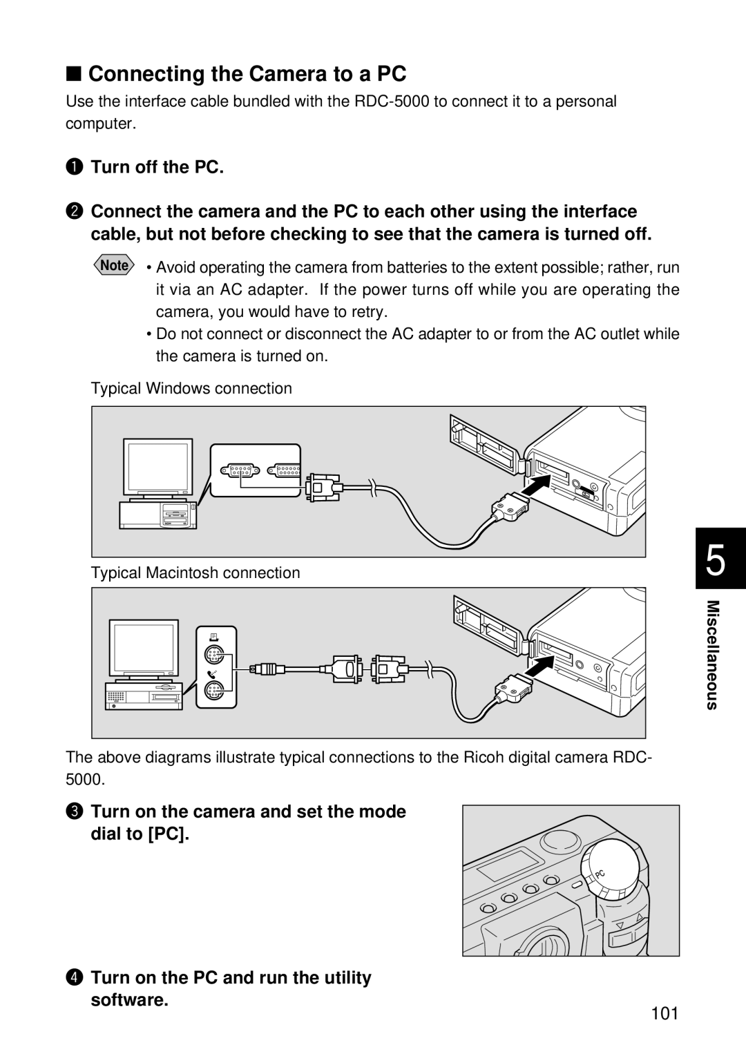 Ricoh RDC-5000 manual Connecting the Camera to a PC, Miscellaneous 