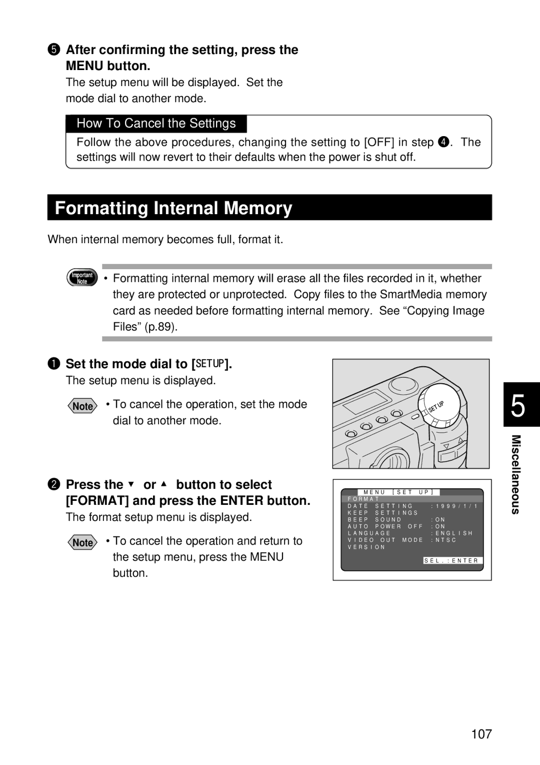 Ricoh RDC-5000 Formatting Internal Memory, After confirming the setting, press the Menu button, How To Cancel the Settings 