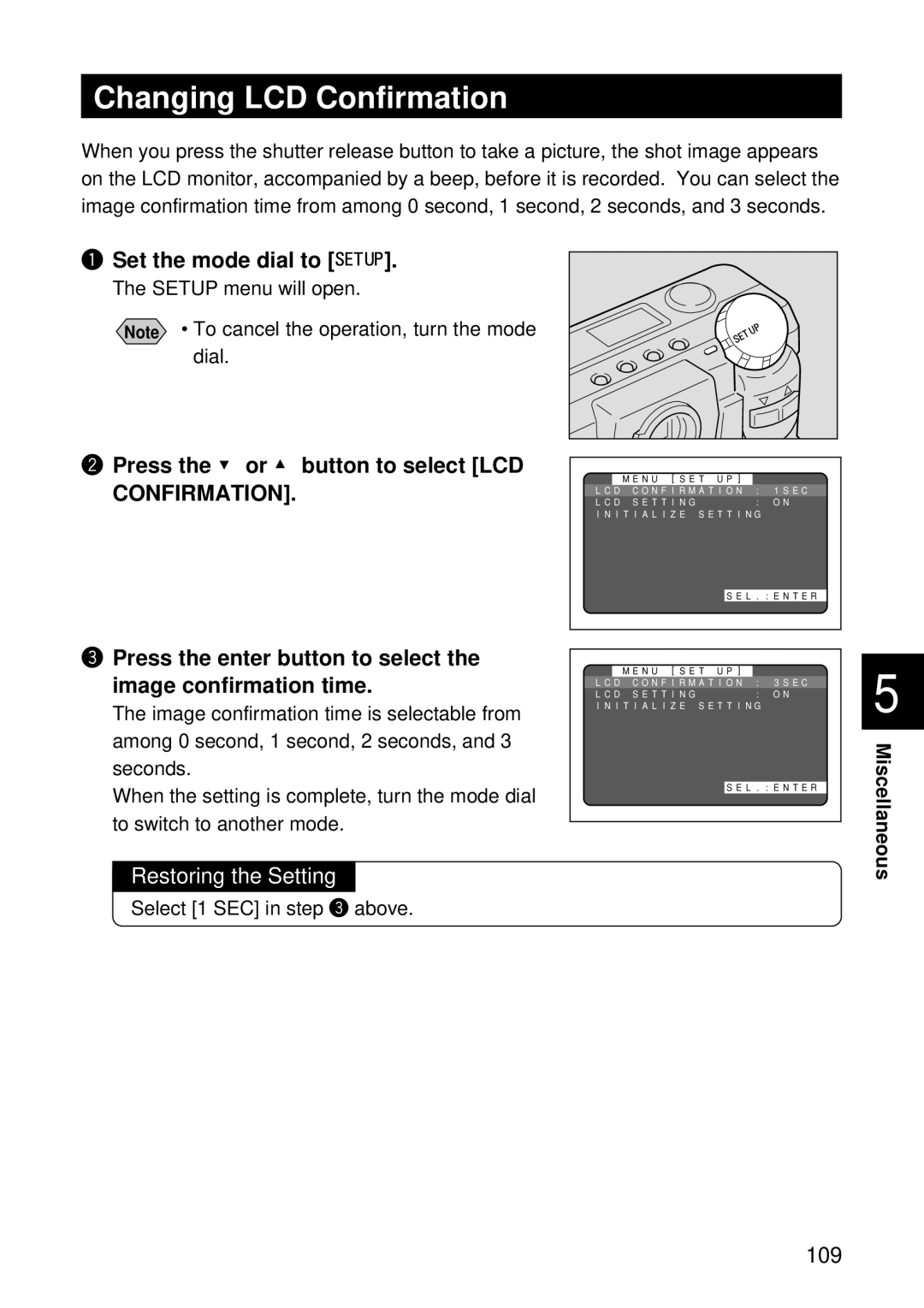 Ricoh RDC-5000 Changing LCD Confirmation, Press the or button to select LCD, Restoring the Setting, Setup menu will open 