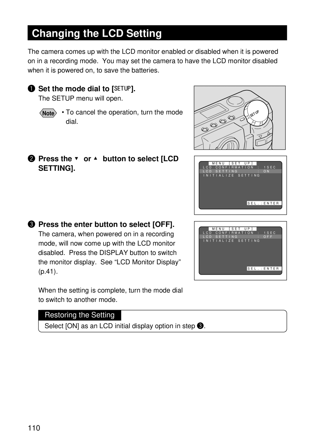 Ricoh RDC-5000 manual Changing the LCD Setting, Select on as an LCD initial display option in step e 