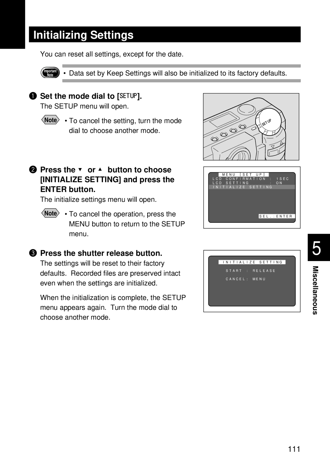 Ricoh RDC-5000 Initializing Settings, You can reset all settings, except for the date, Initialize settings menu will open 