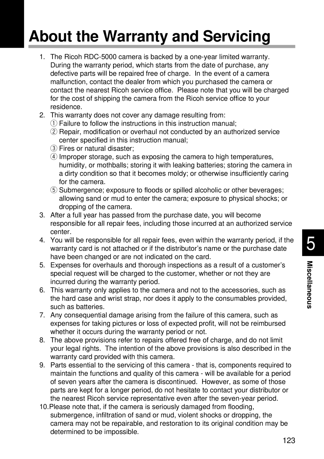 Ricoh RDC-5000 manual About the Warranty and Servicing, 123 