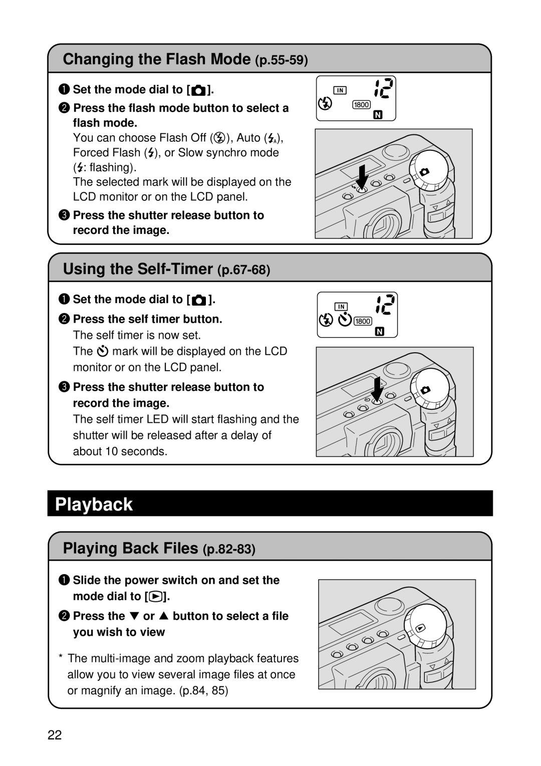 Ricoh RDC-5000 manual Playback, Changing the Flash Mode p.55-59, Using the Self-Timer p.67-68, Playing Back Files p.82-83 