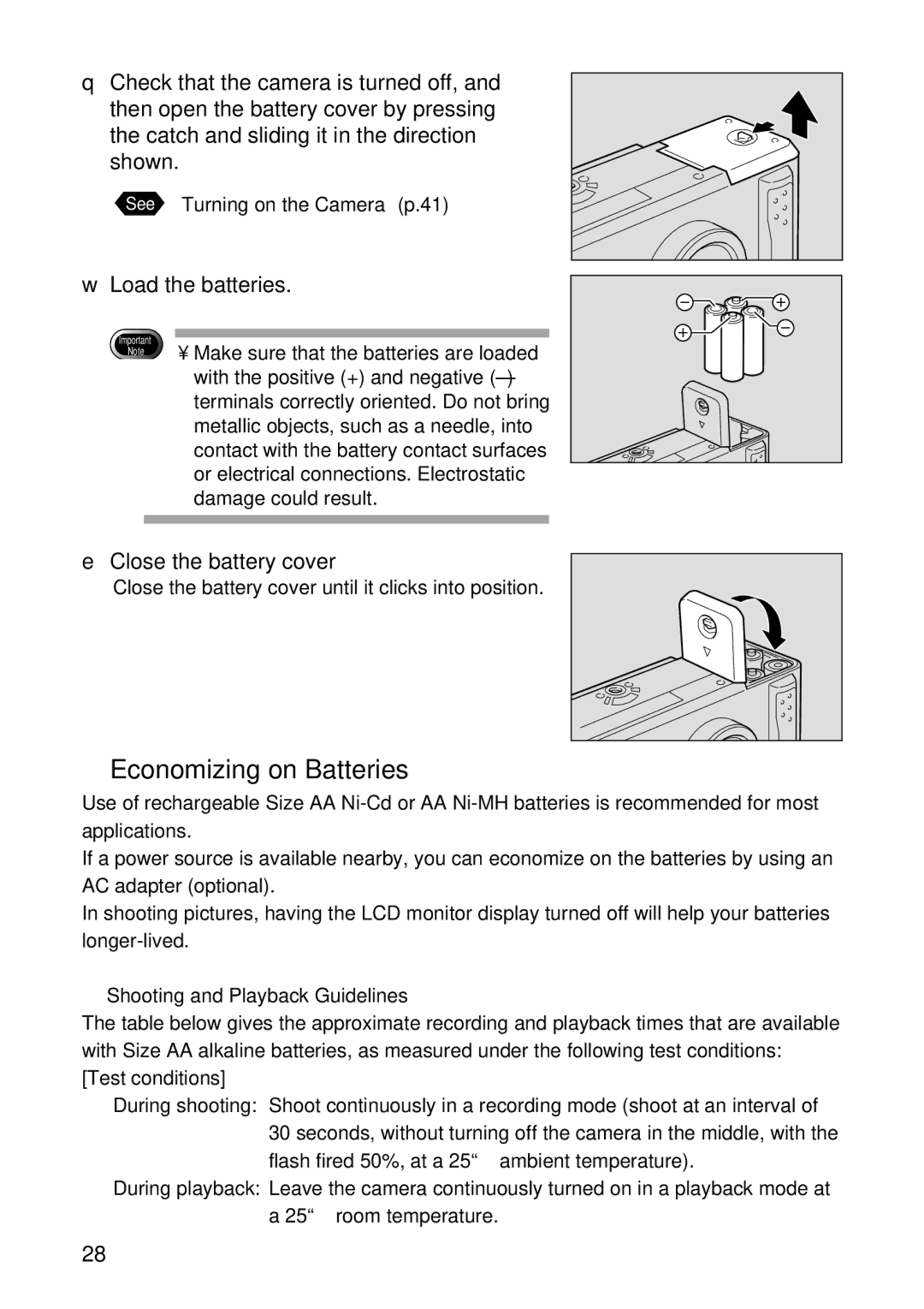 Ricoh RDC-5000 Economizing on Batteries, Load the batteries, Close the battery cover, Shooting and Playback Guidelines 