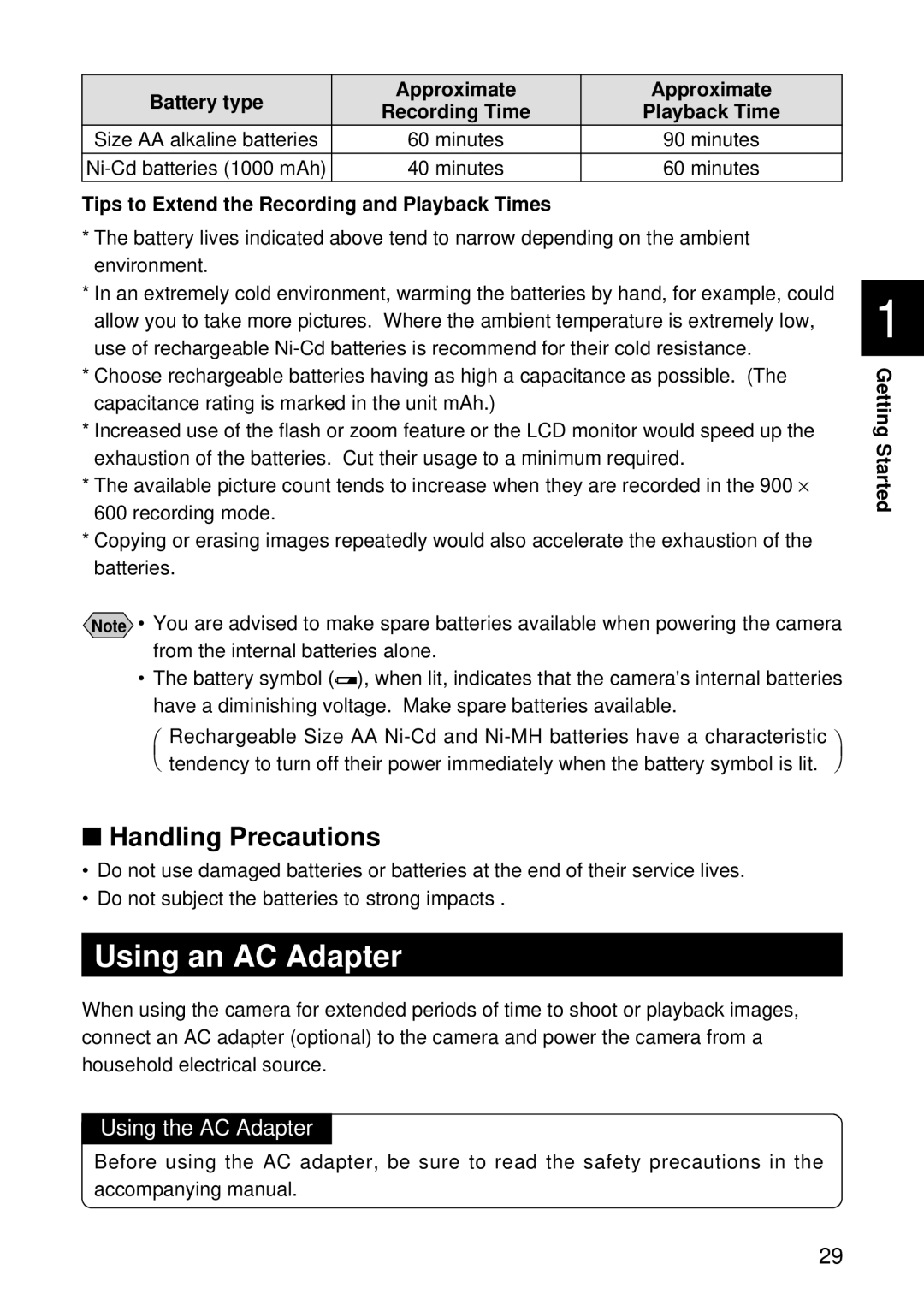 Ricoh RDC-5000 manual Using an AC Adapter, Handling Precautions, Using the AC Adapter 